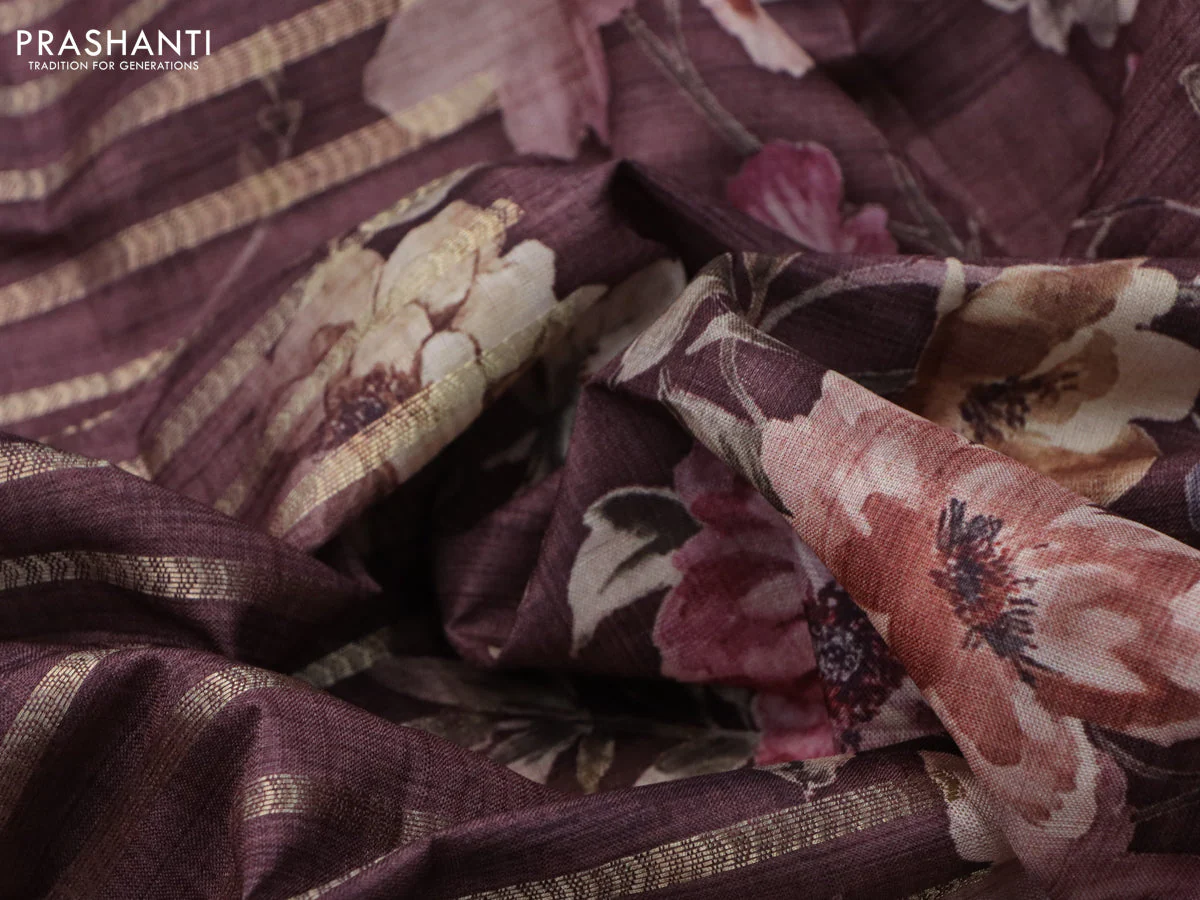 Semi tussar saree brown shade with allover zari woven stripes pattern and floral printed border - Image 9