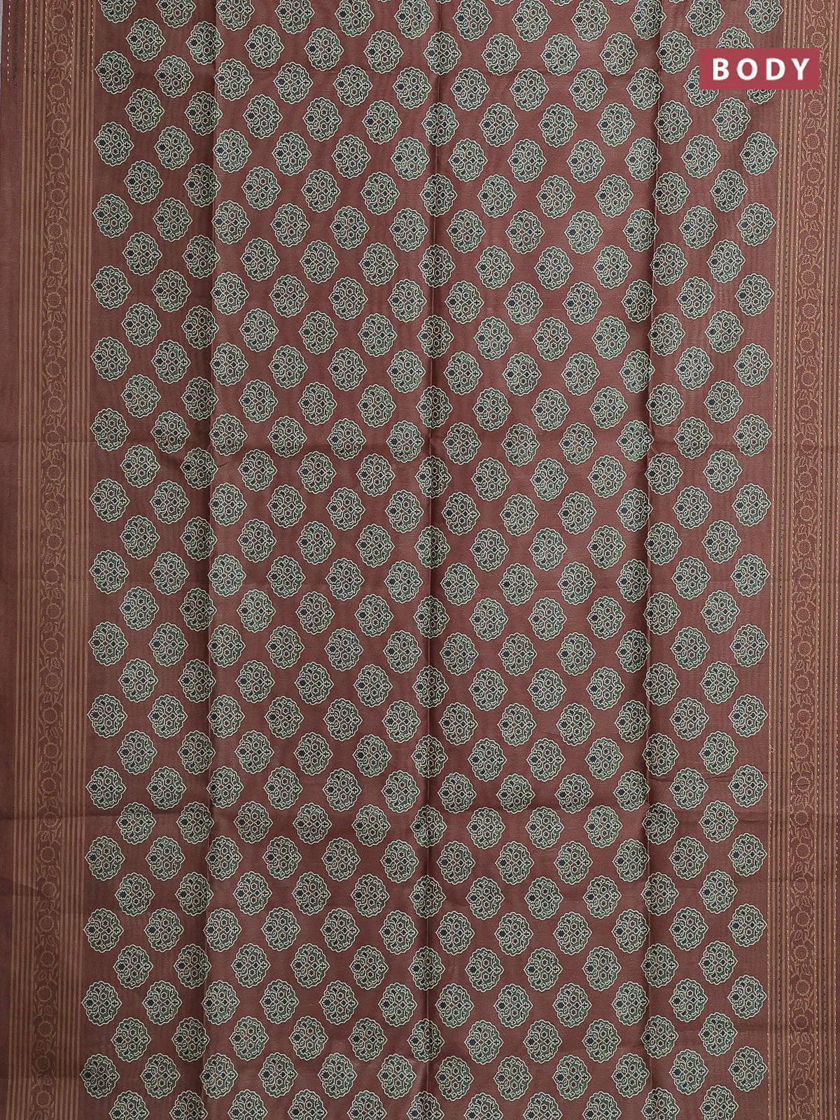 Semi tussar saree brown with allover ajrakh butta prints and katha stitch work pallu & border - Image 2