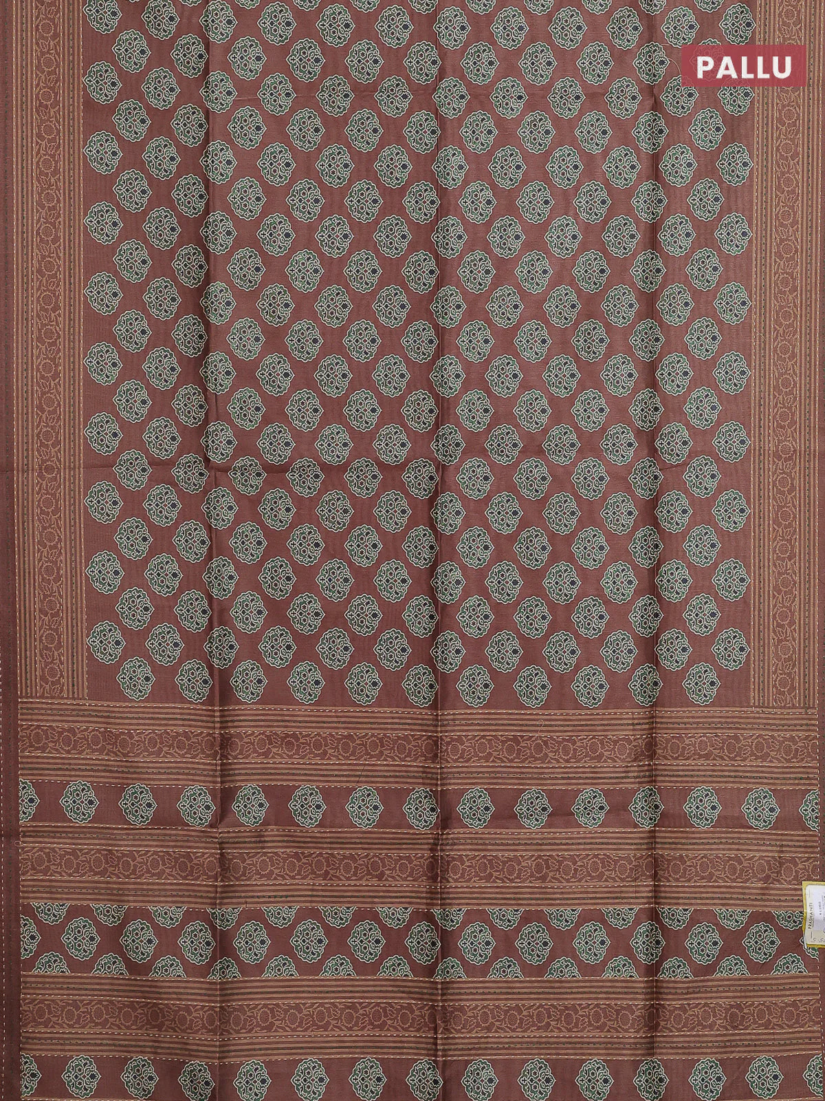 Semi tussar saree brown with allover ajrakh butta prints and katha stitch work pallu & border - Image 3