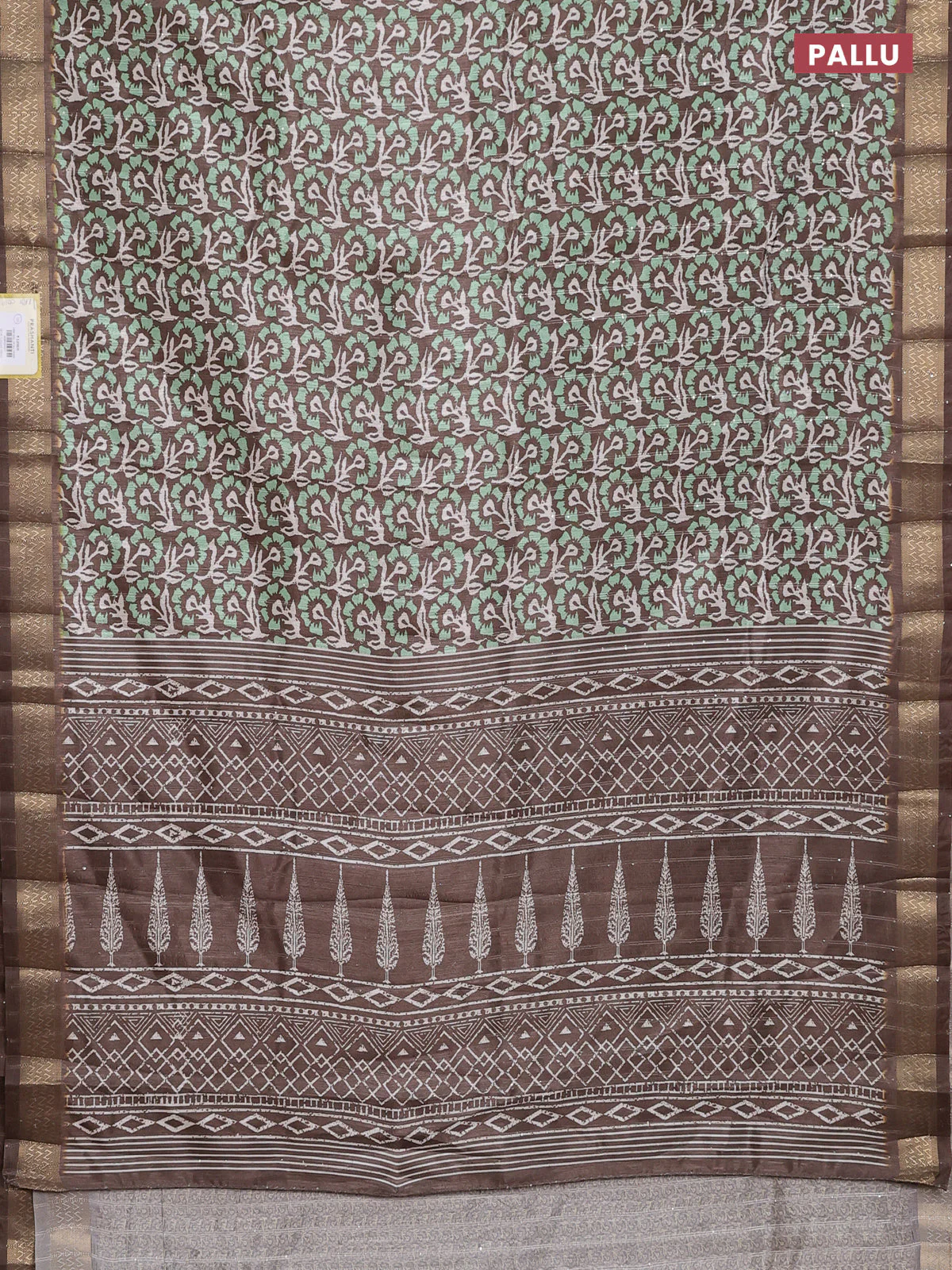 Semi tussar saree brown with allover floral prints & sequin work and zari woven border - Image 3