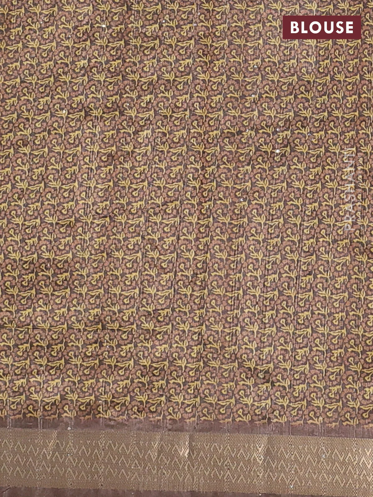 Semi tussar saree brown with allover floral prints & sequin work and zari woven border - Image 4