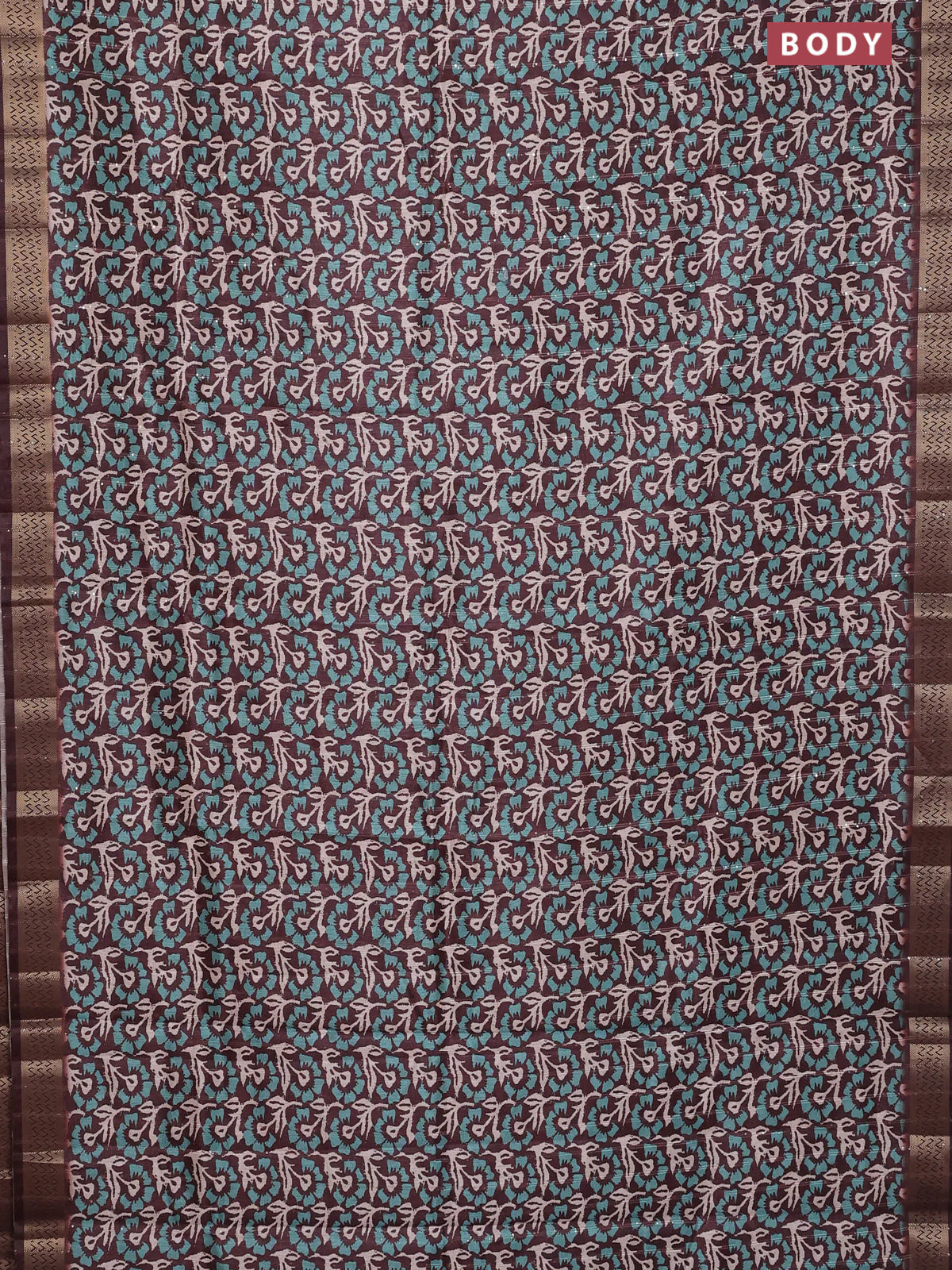 Semi tussar saree brown with allover floral prints & sequin work and zari woven border - Image 2