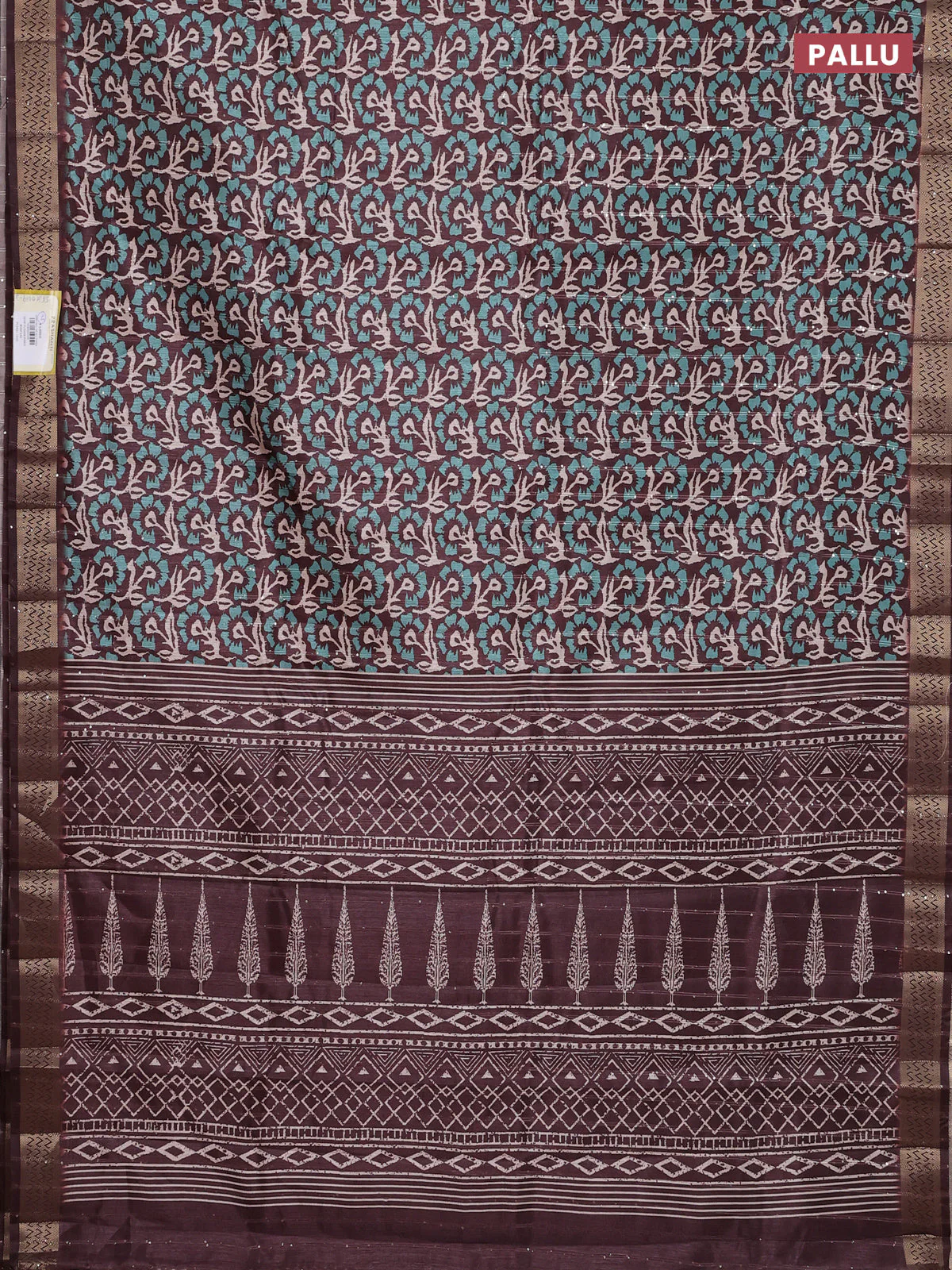 Semi tussar saree brown with allover floral prints & sequin work and zari woven border - Image 3