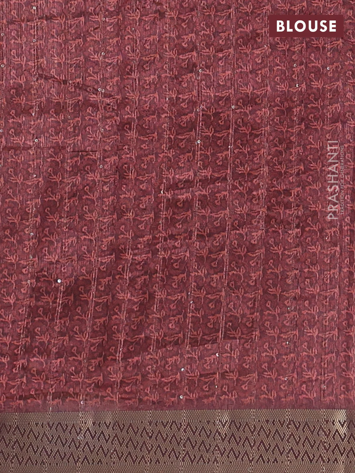 Semi tussar saree brown with allover floral prints & sequin work and zari woven border - Image 4