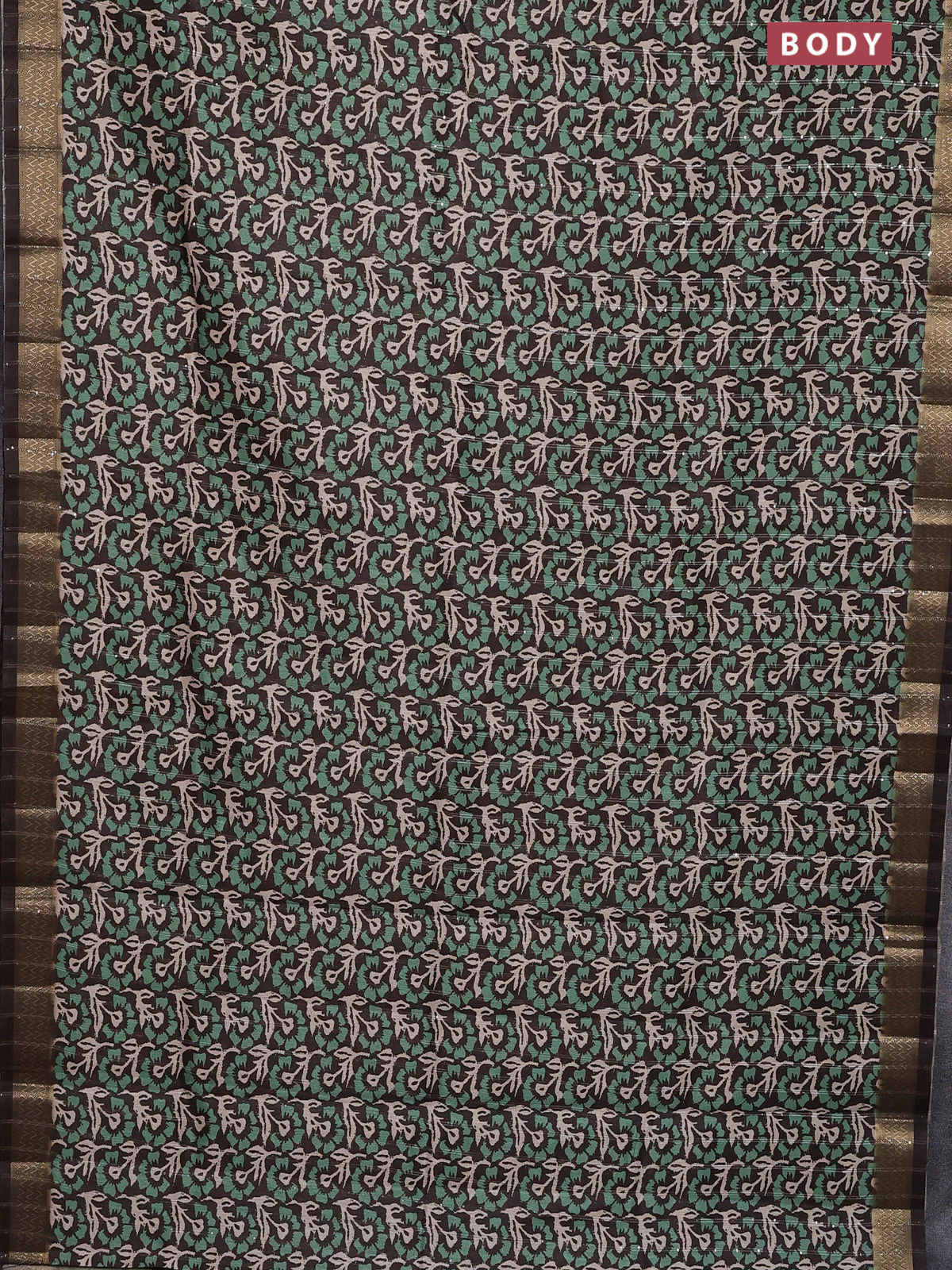 Semi tussar saree brown with allover floral prints & sequin work and zari woven border - Image 2