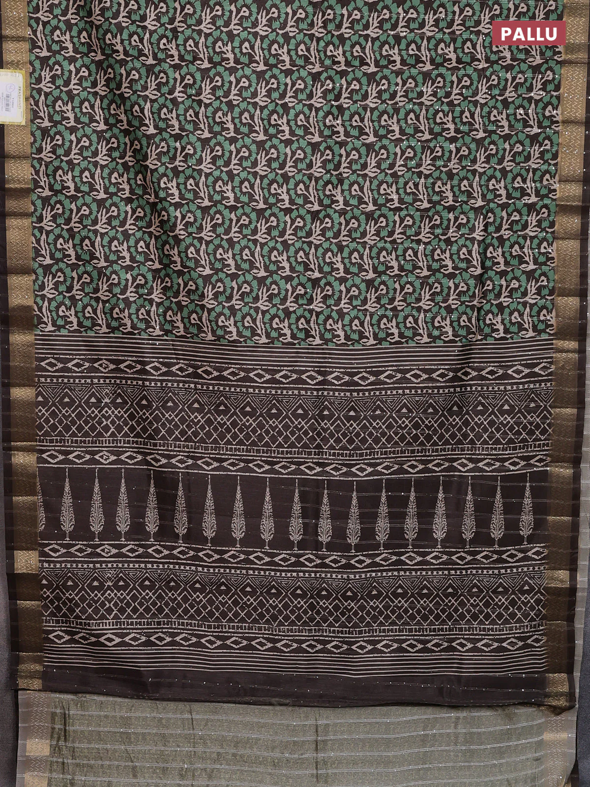 Semi tussar saree brown with allover floral prints & sequin work and zari woven border - Image 3