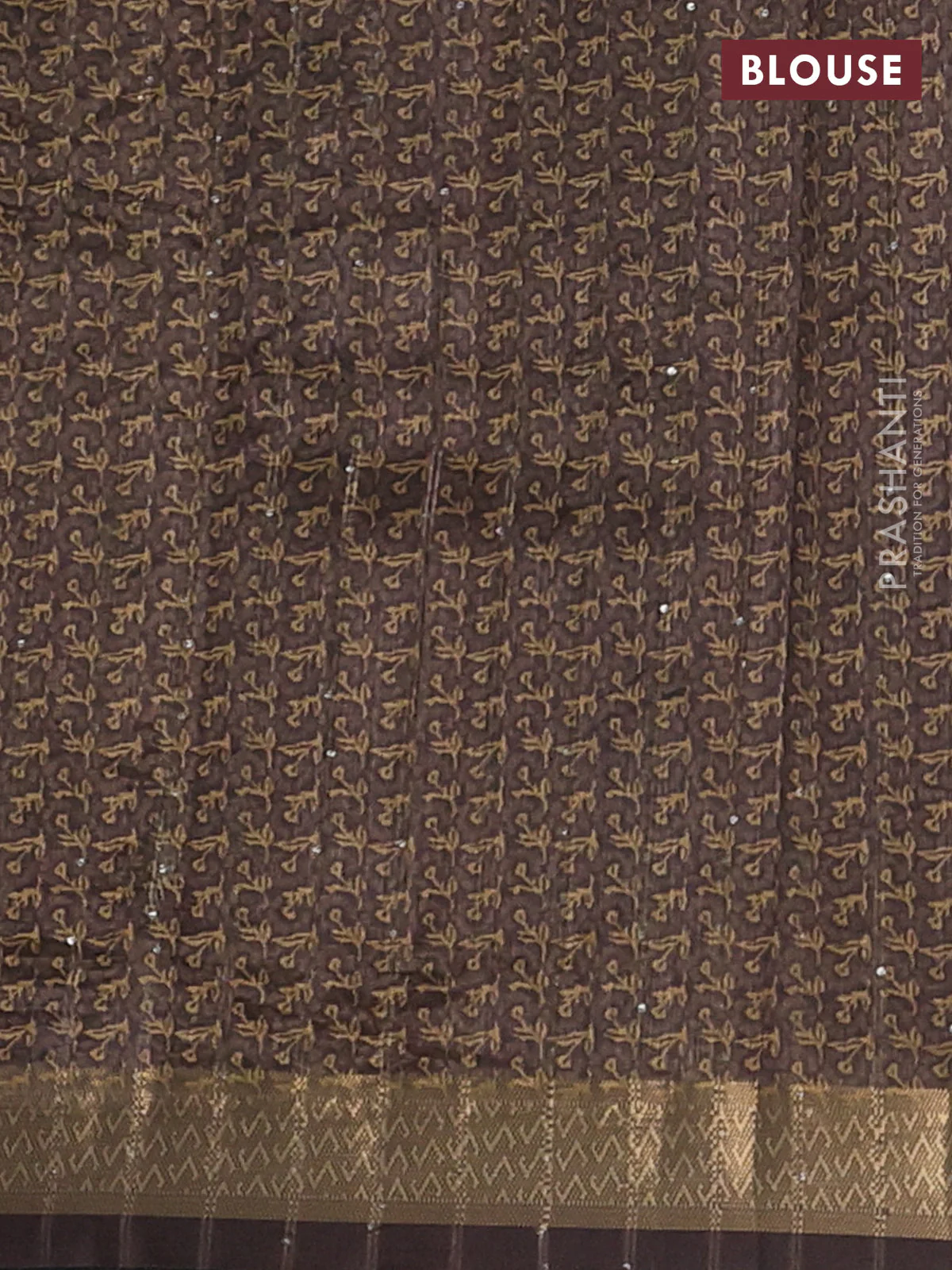 Semi tussar saree brown with allover floral prints & sequin work and zari woven border - Image 4