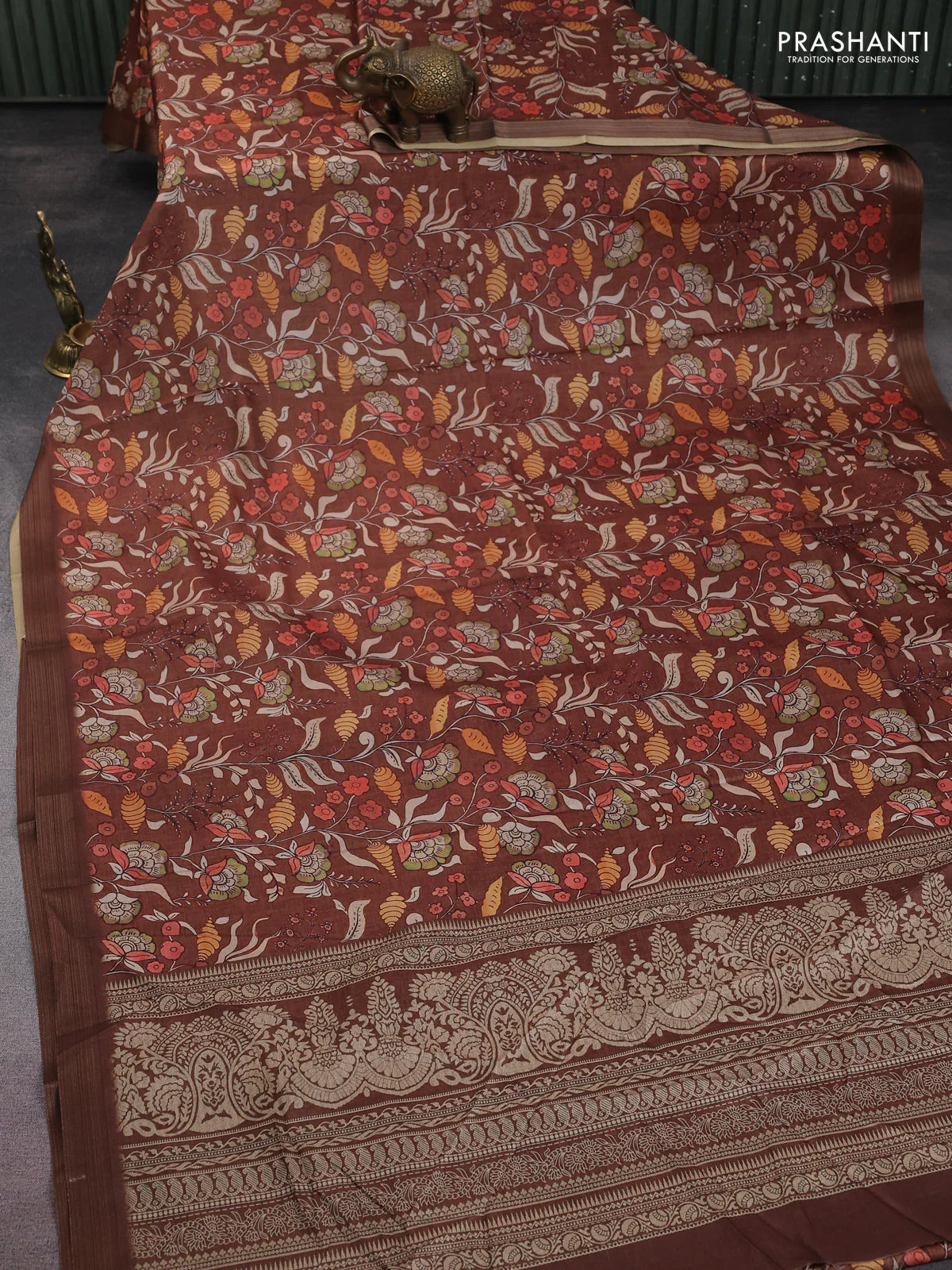 Semi tussar saree brown with allover kalamkari prints and zari woven border - Image 2