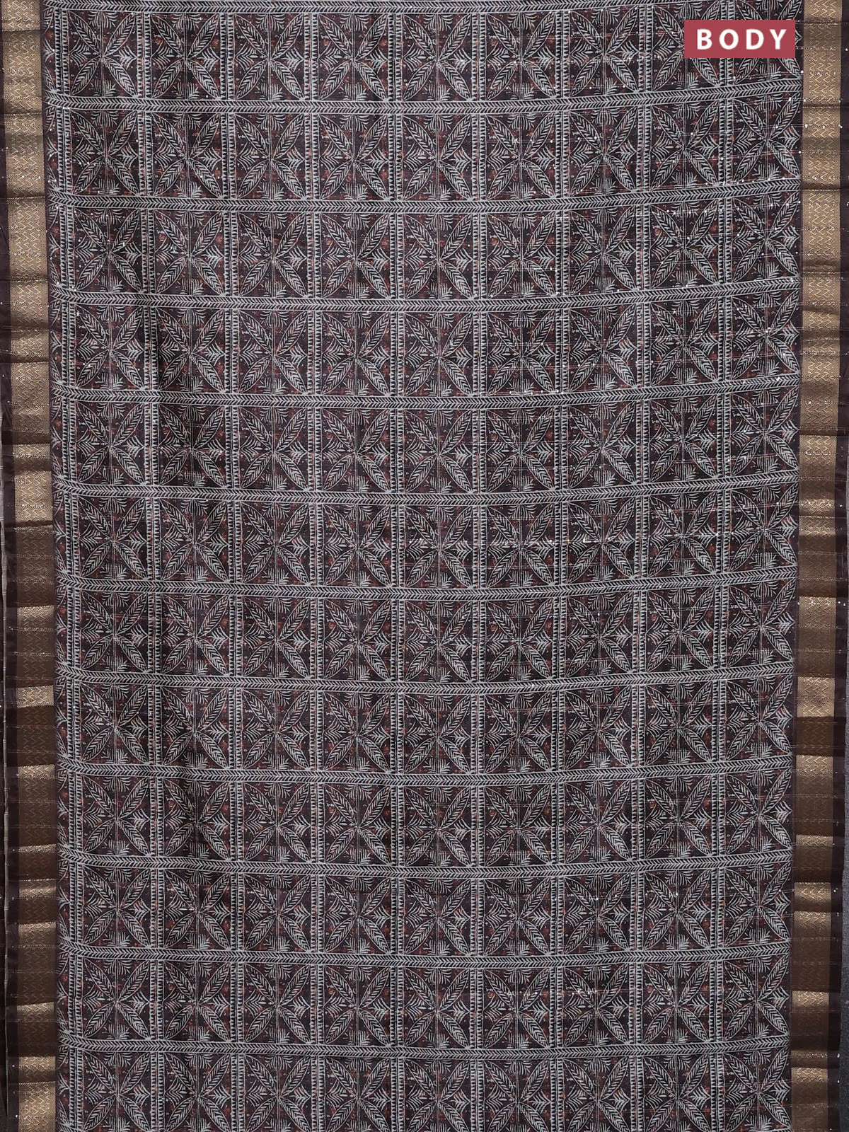 Semi tussar saree brown with allover leaf prints & sequin work and zari woven border - Image 2