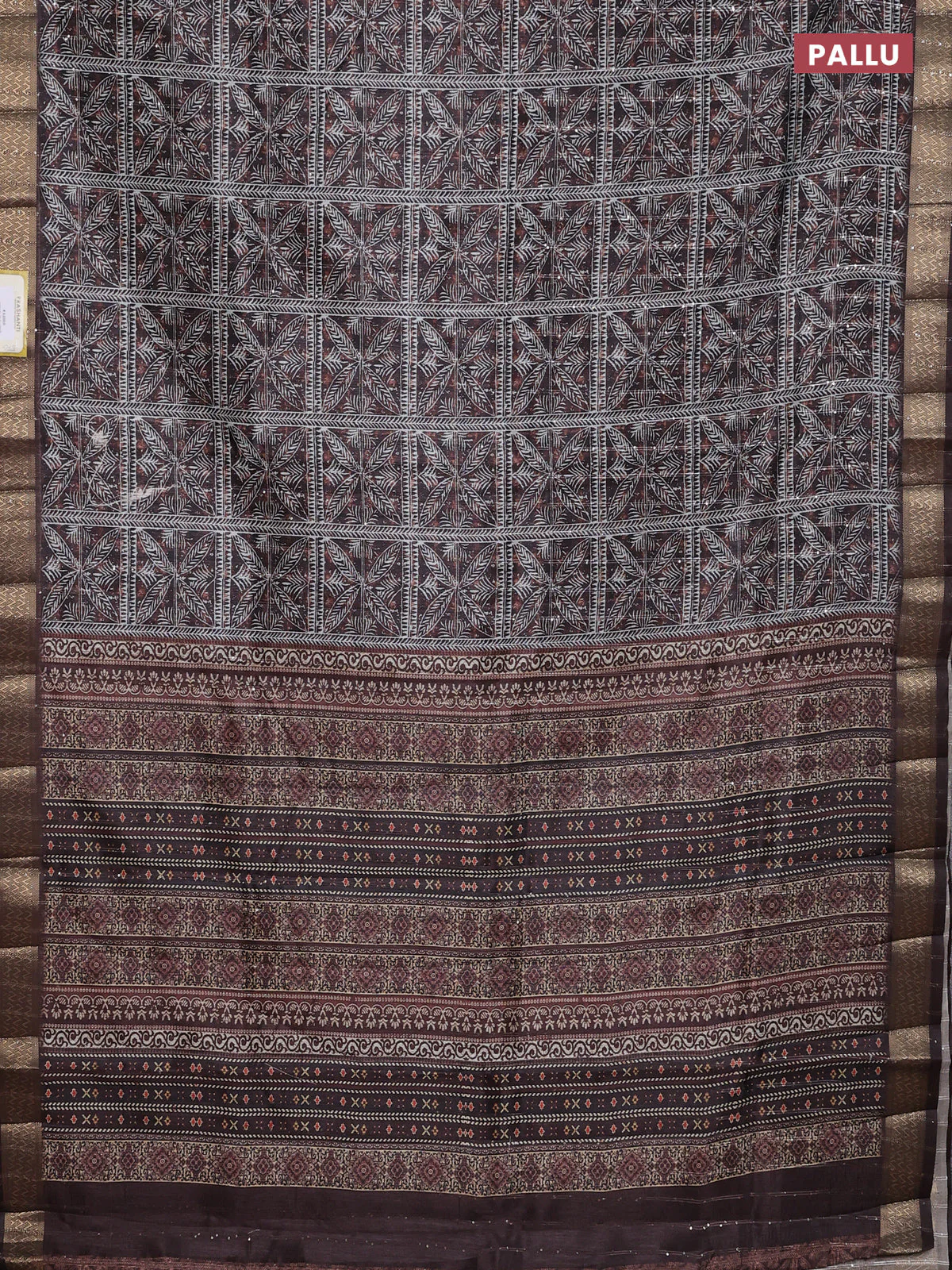 Semi tussar saree brown with allover leaf prints & sequin work and zari woven border - Image 3