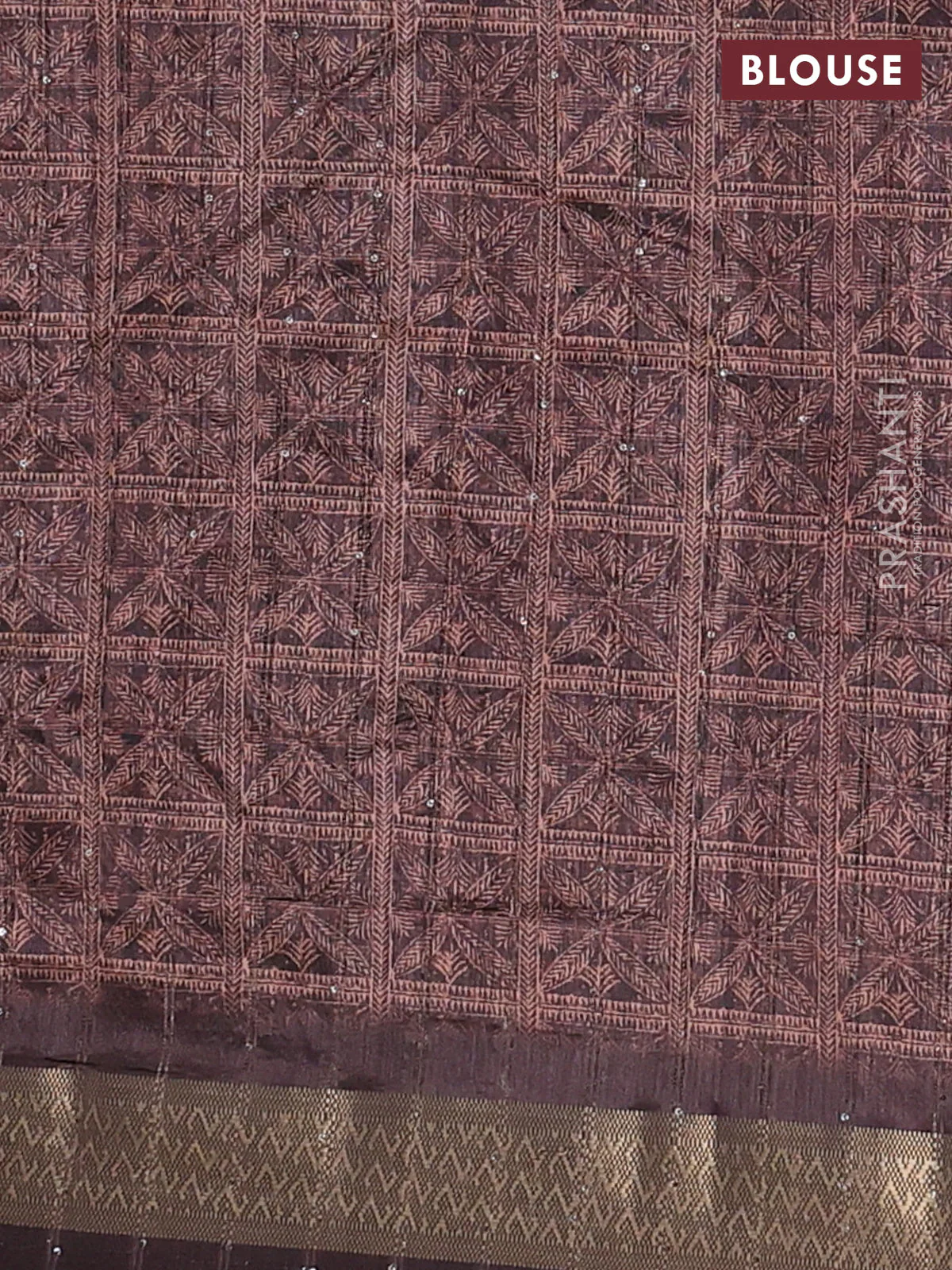 Semi tussar saree brown with allover leaf prints & sequin work and zari woven border - Image 4