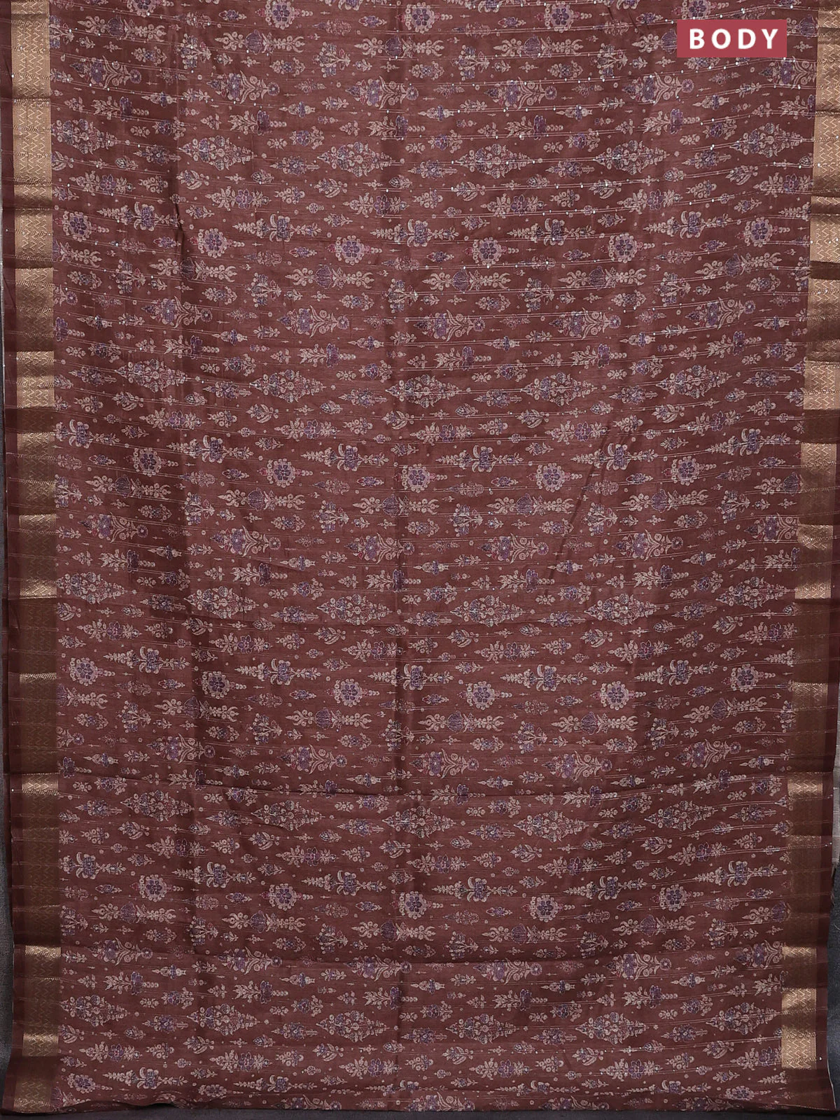 Semi tussar saree brown with allover prints & sequin work and zari woven border - Image 2