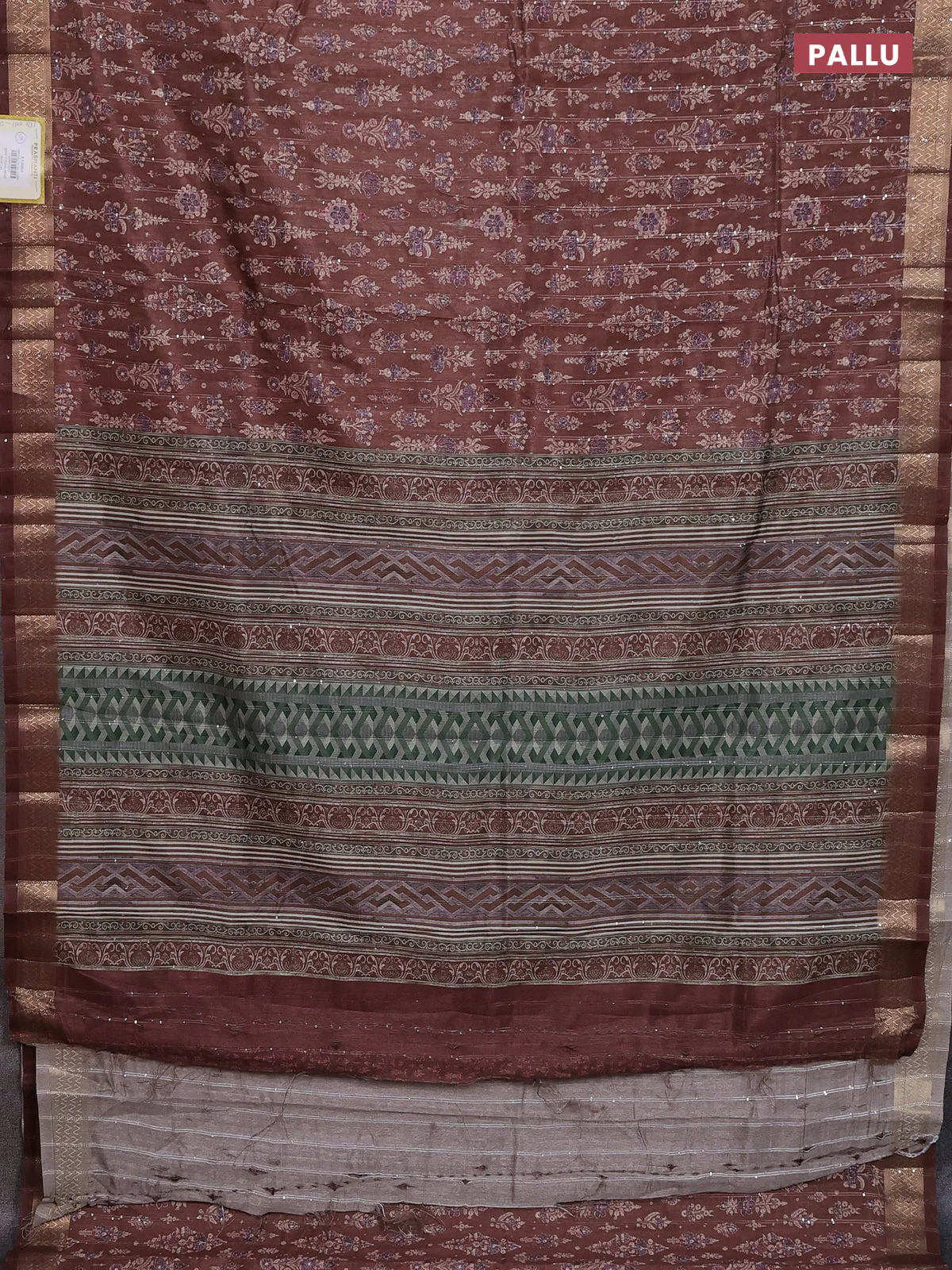 Semi tussar saree brown with allover prints & sequin work and zari woven border - Image 3