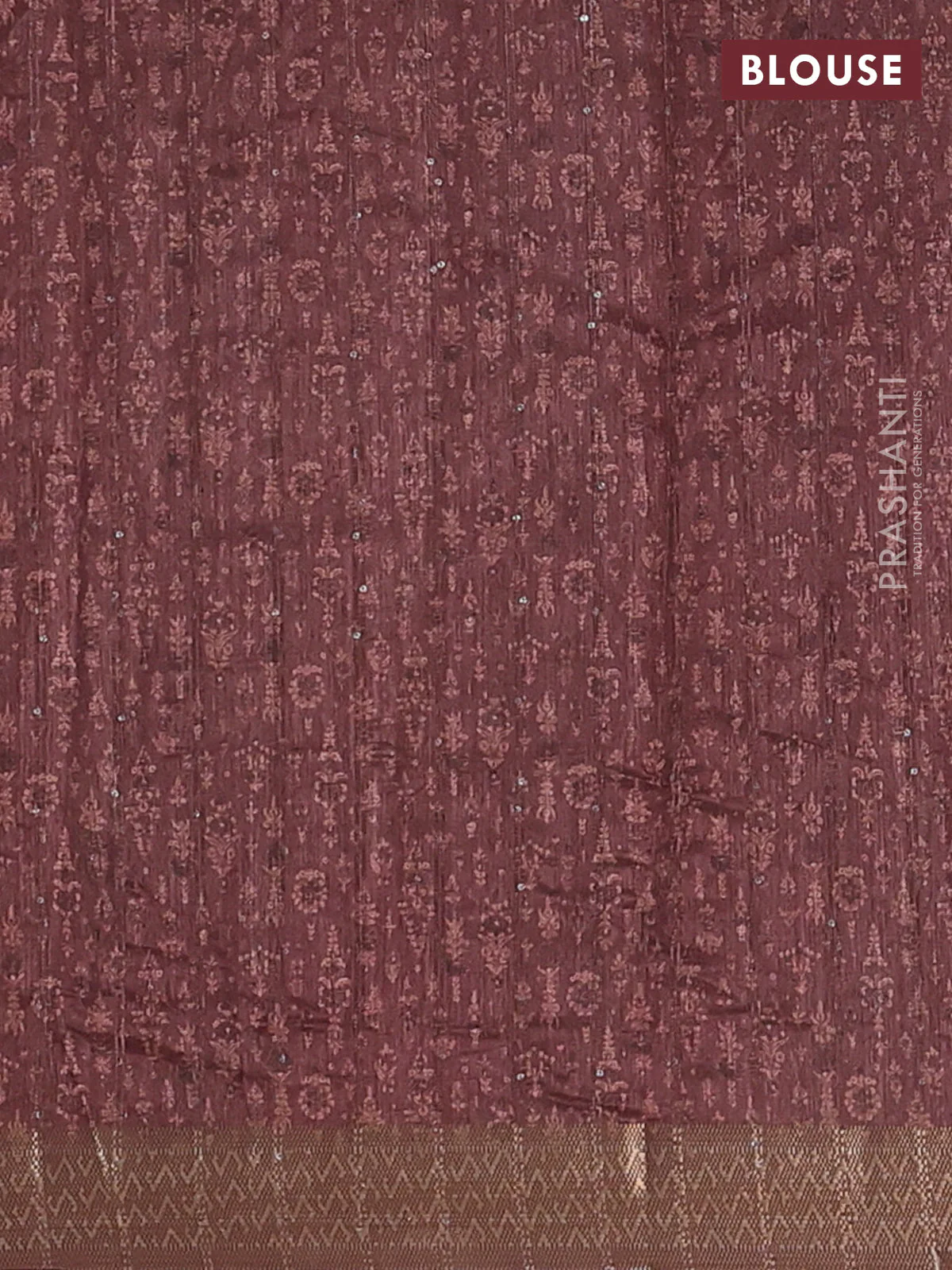 Semi tussar saree brown with allover prints & sequin work and zari woven border - Image 4