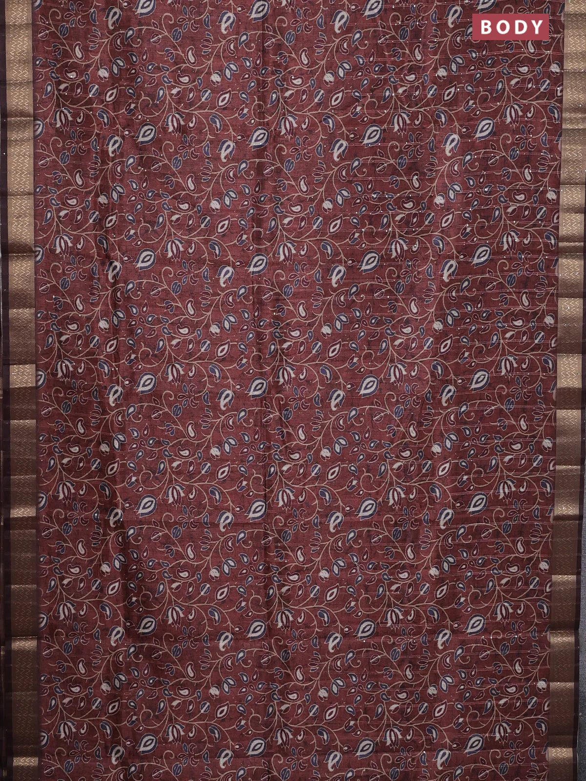 Semi tussar saree brown with allover prints & sequin work and zari woven border - Image 2