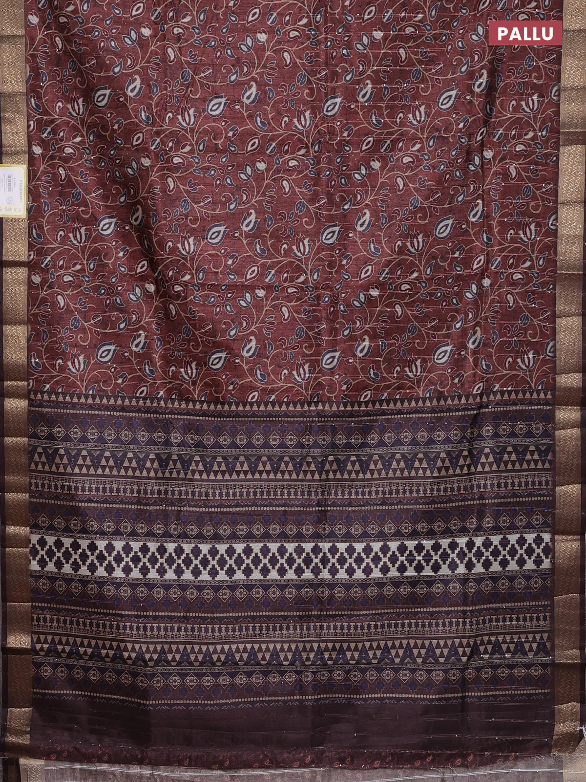 Semi tussar saree brown with allover prints & sequin work and zari woven border - Image 3