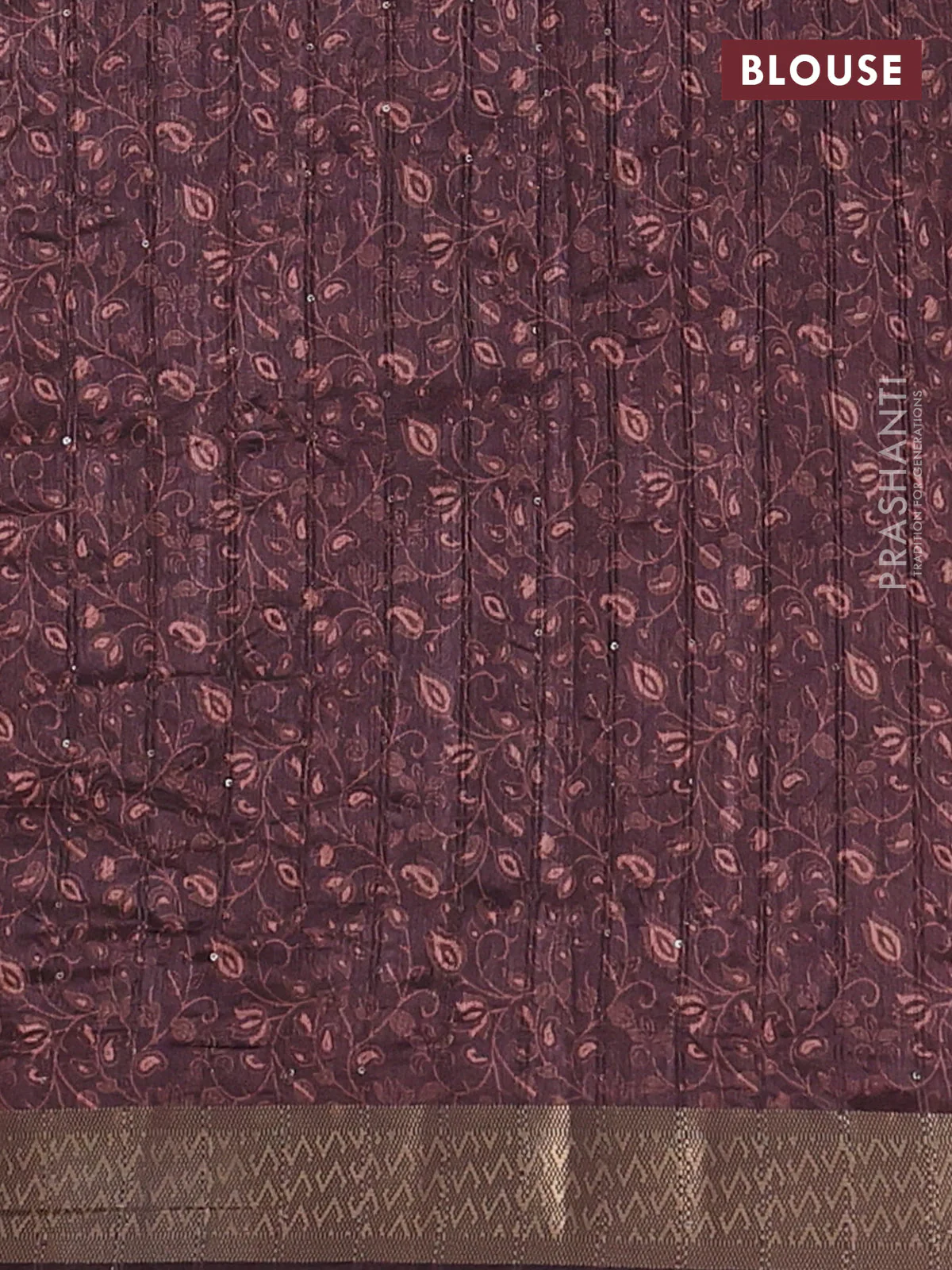 Semi tussar saree brown with allover prints & sequin work and zari woven border - Image 4