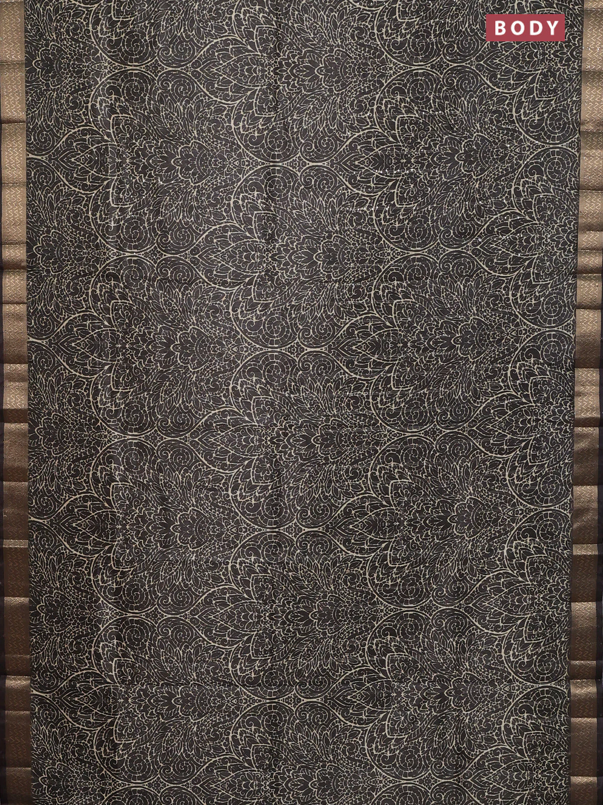 Semi tussar saree brown with allover prints & sequin work and zari woven border - Image 2