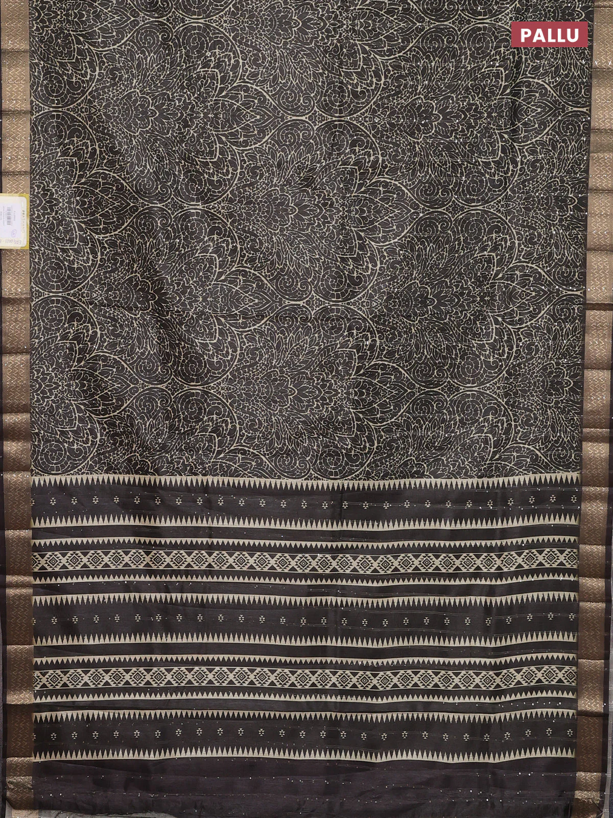 Semi tussar saree brown with allover prints & sequin work and zari woven border - Image 3