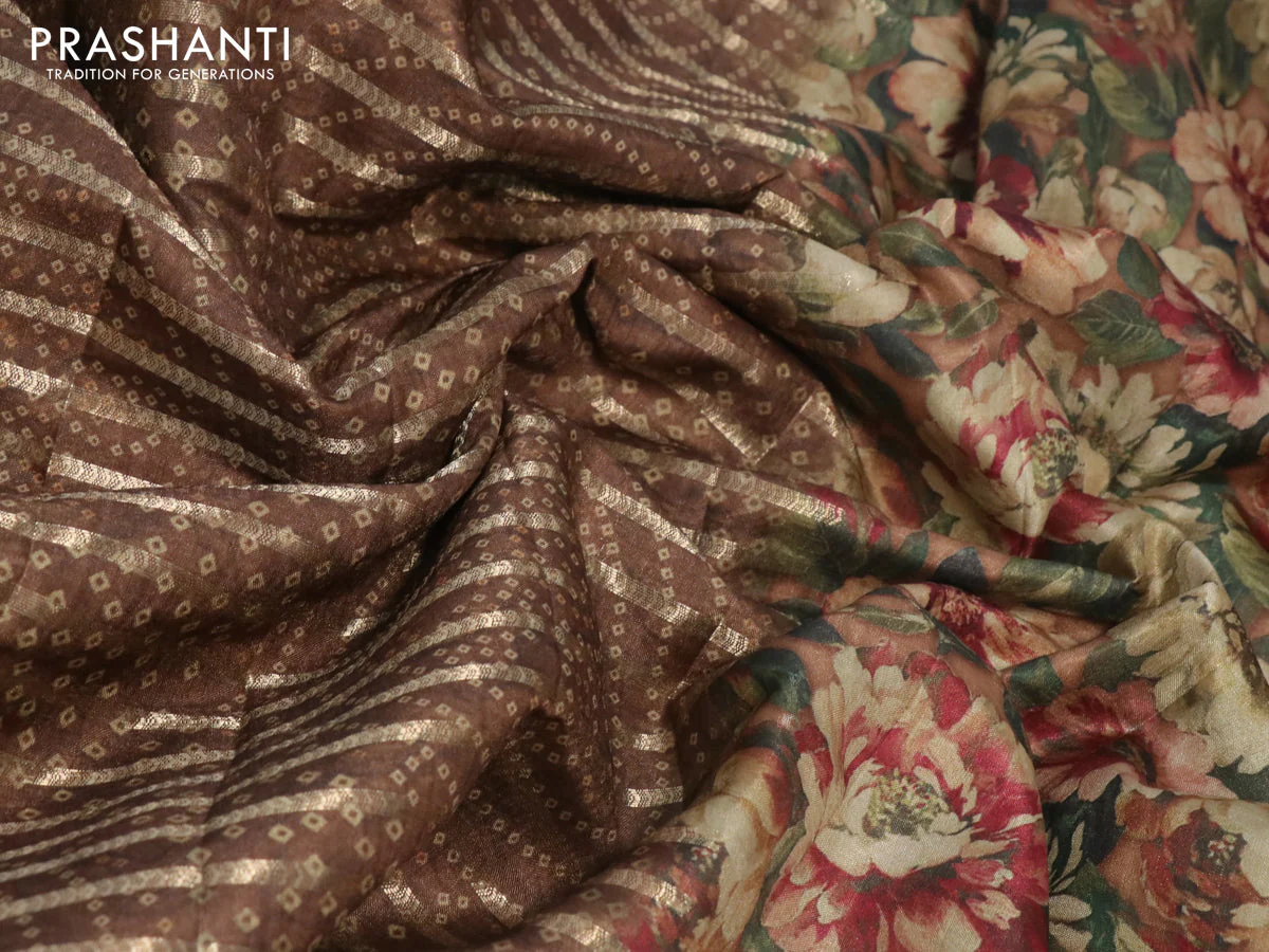 Semi tussar saree brown with allover zari woven veldhari design & bandhani prints and floral printed border - Image 3
