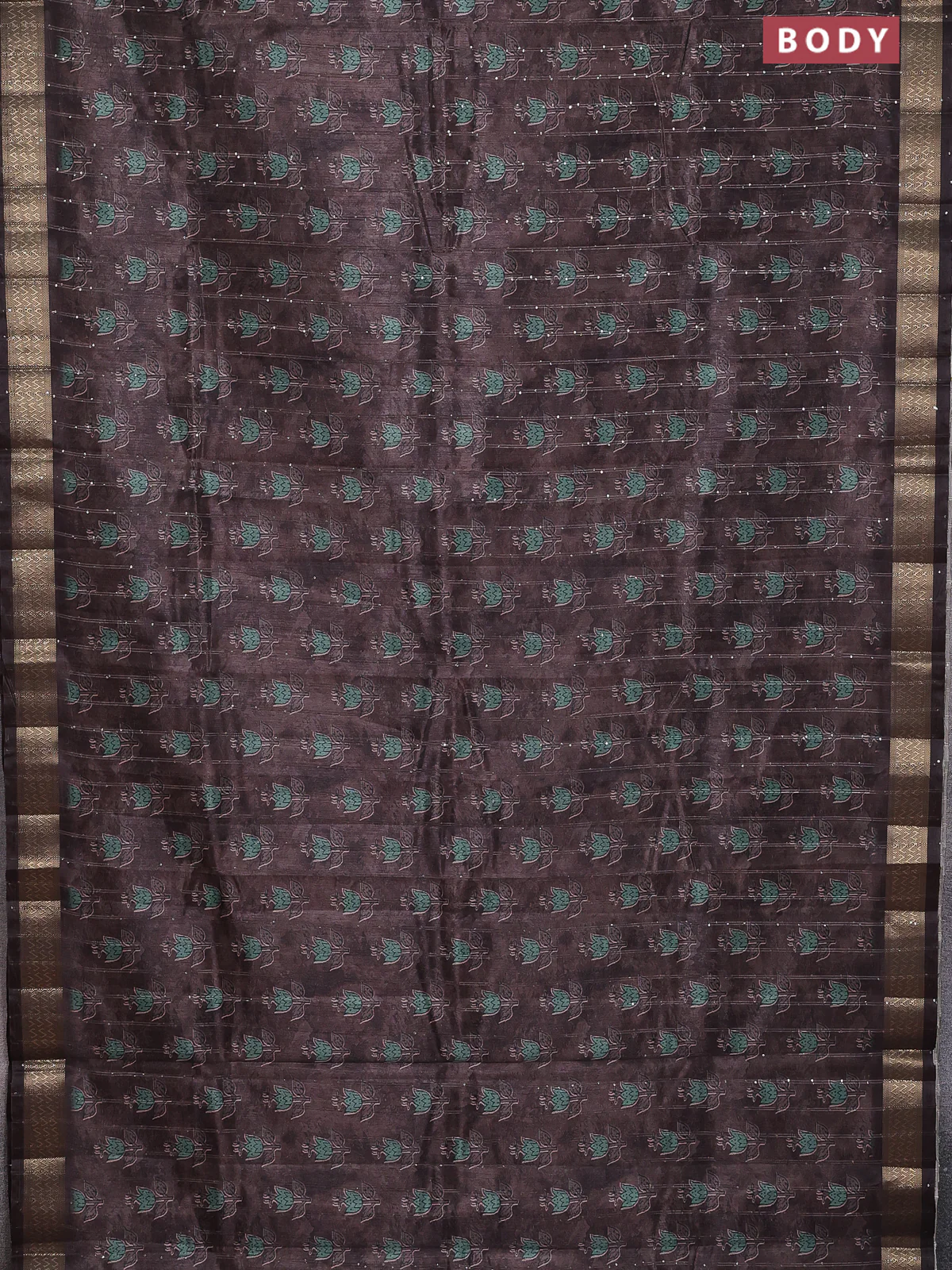 Semi tussar saree brown with floral butta prints & sequin work and zari woven border - Image 2