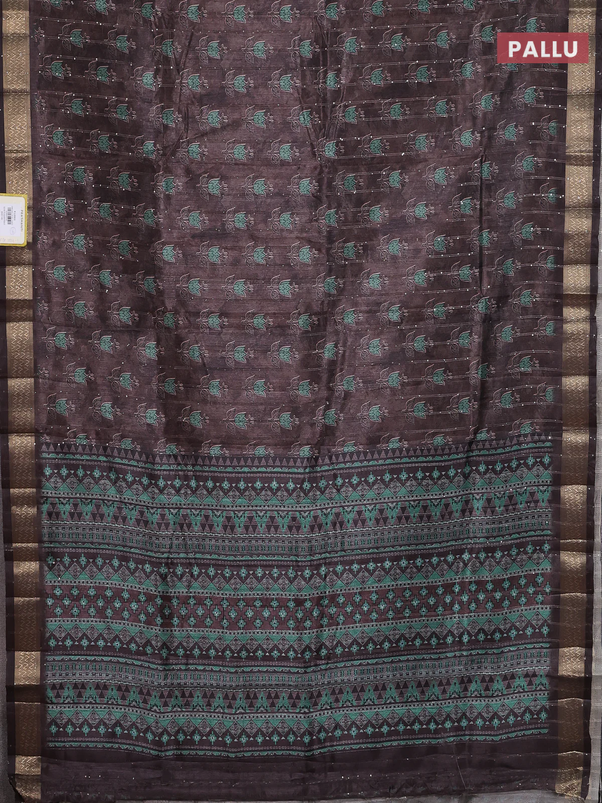 Semi tussar saree brown with floral butta prints & sequin work and zari woven border - Image 3