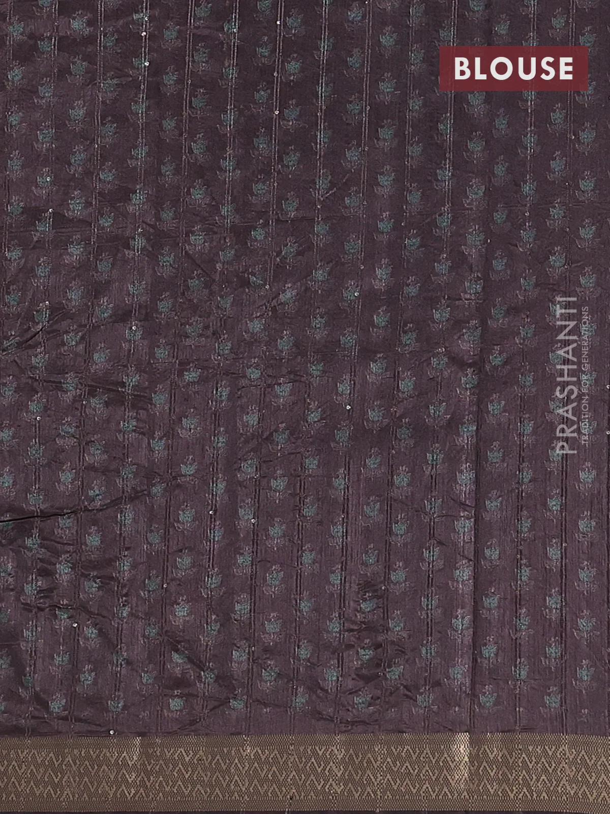 Semi tussar saree brown with floral butta prints & sequin work and zari woven border - Image 4
