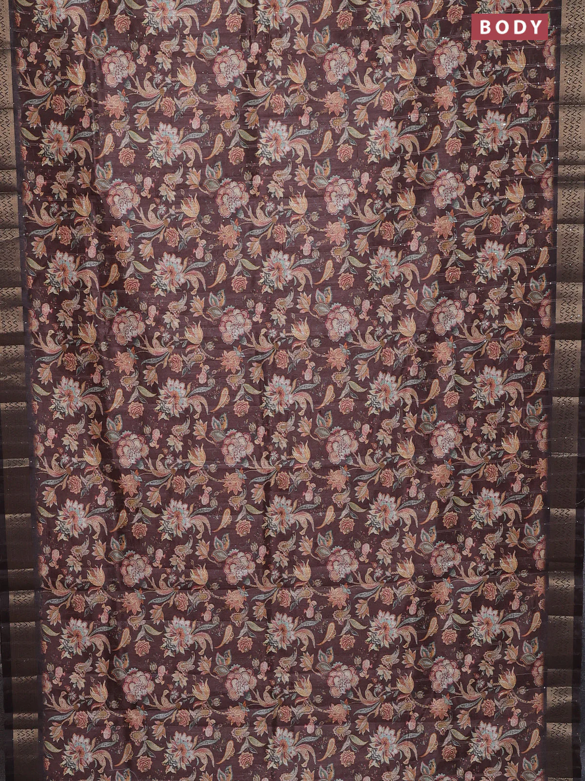 Semi tussar saree brown with kalamakri prints & sequin work and zari woven border - Image 2