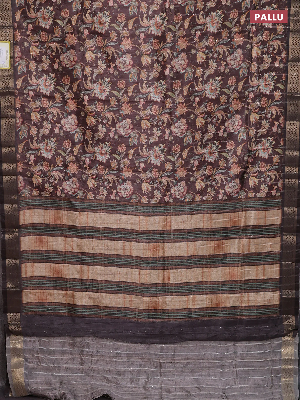 Semi tussar saree brown with kalamakri prints & sequin work and zari woven border - Image 3