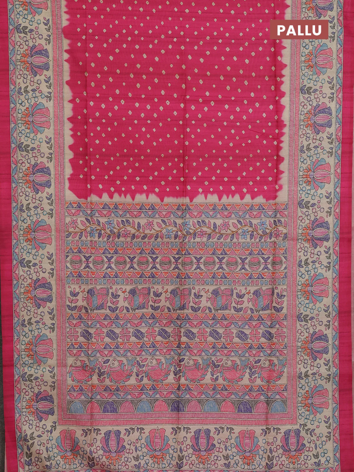 Semi tussar saree candy pink and beige with allover bandhani prints and madhubani printed pallu & border - Image 3