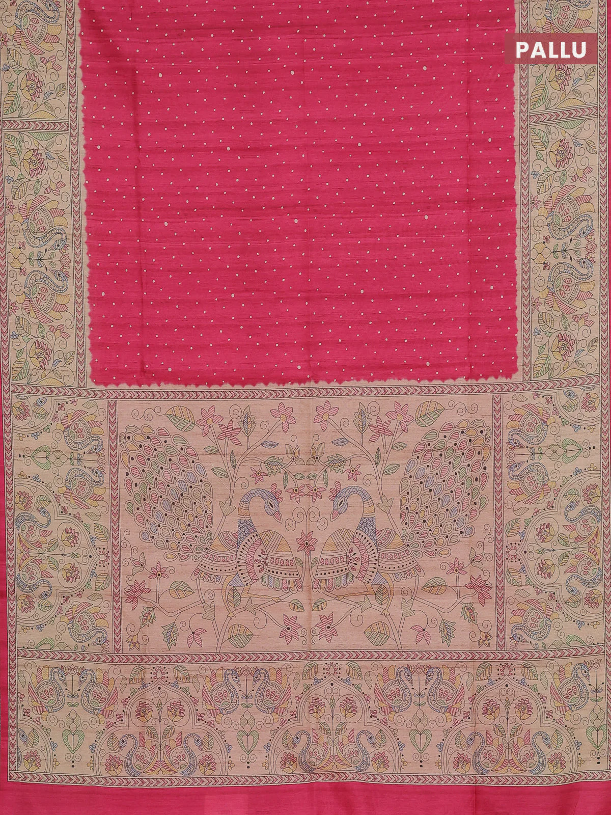 Semi tussar saree candy pink and beige with allover butta prints and madhubani printed pallu & border - Image 3