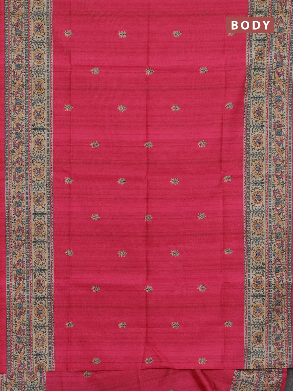 Semi tussar saree candy pink and beige with butta prints and madhubani printed pallu & border - Image 2