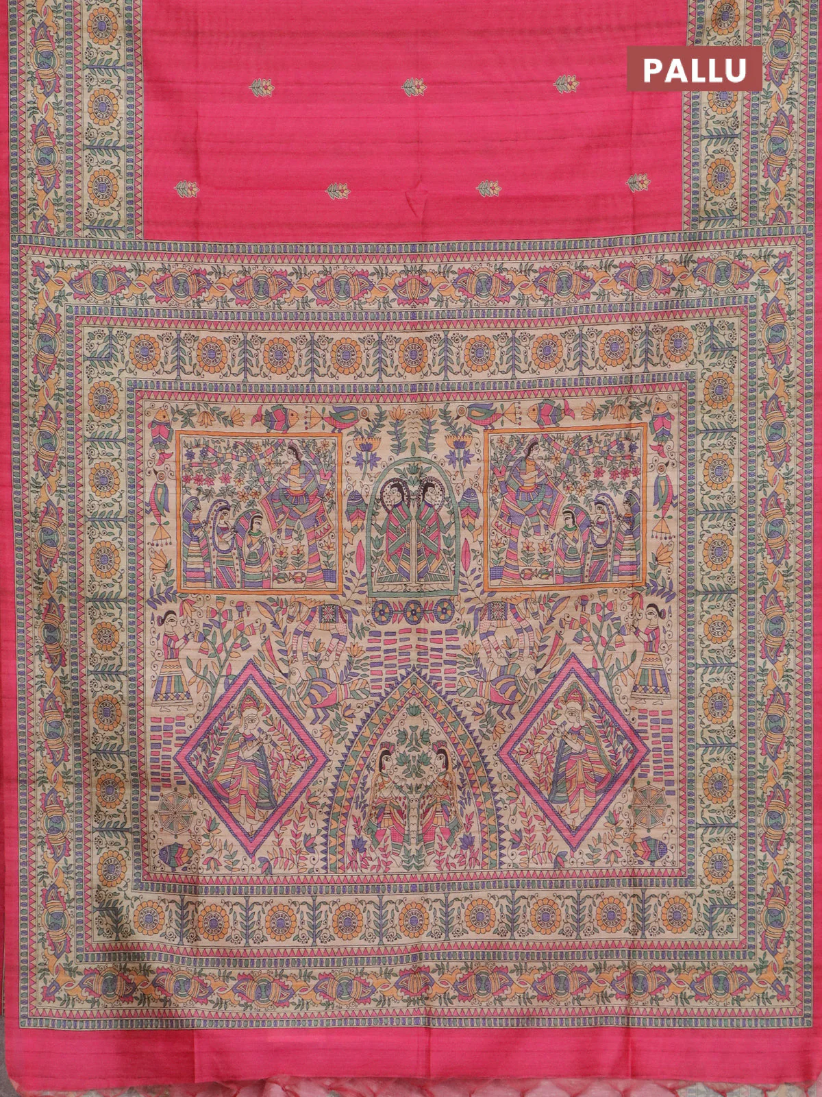 Semi tussar saree candy pink and beige with butta prints and madhubani printed pallu & border - Image 3