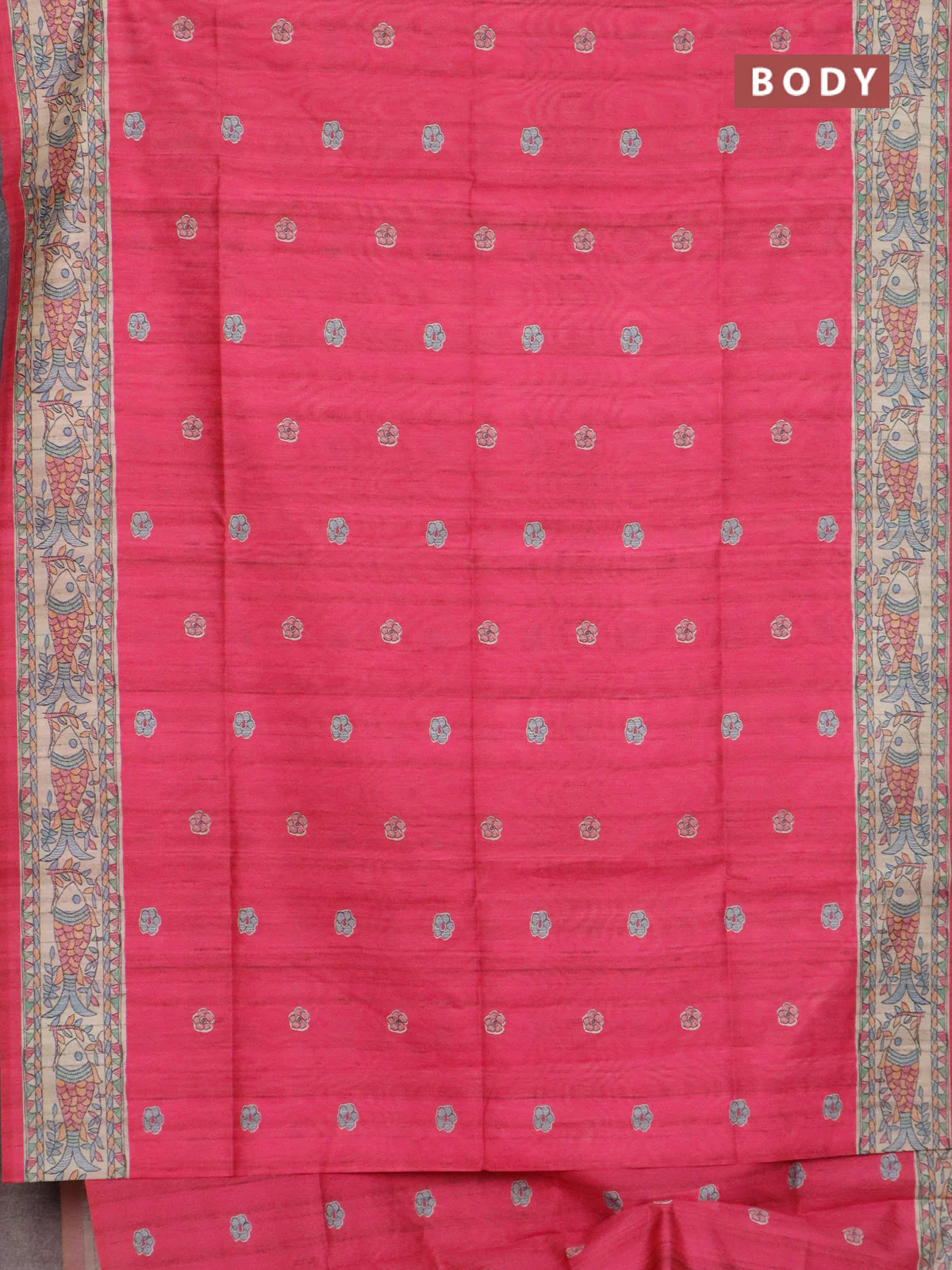 Semi tussar saree candy pink and beige with butta prints and madhubani printed pallu & border - Image 2