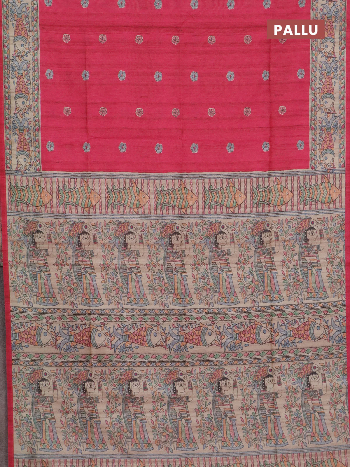 Semi tussar saree candy pink and beige with butta prints and madhubani printed pallu & border - Image 3
