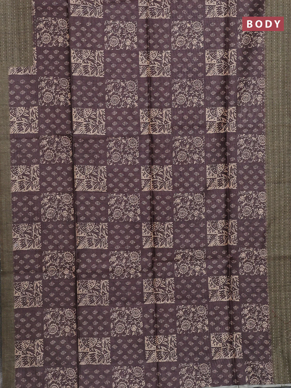 Semi tussar saree coffee brown and dark sap green with allover batik prints and katha stitch work pallu & border - Image 2