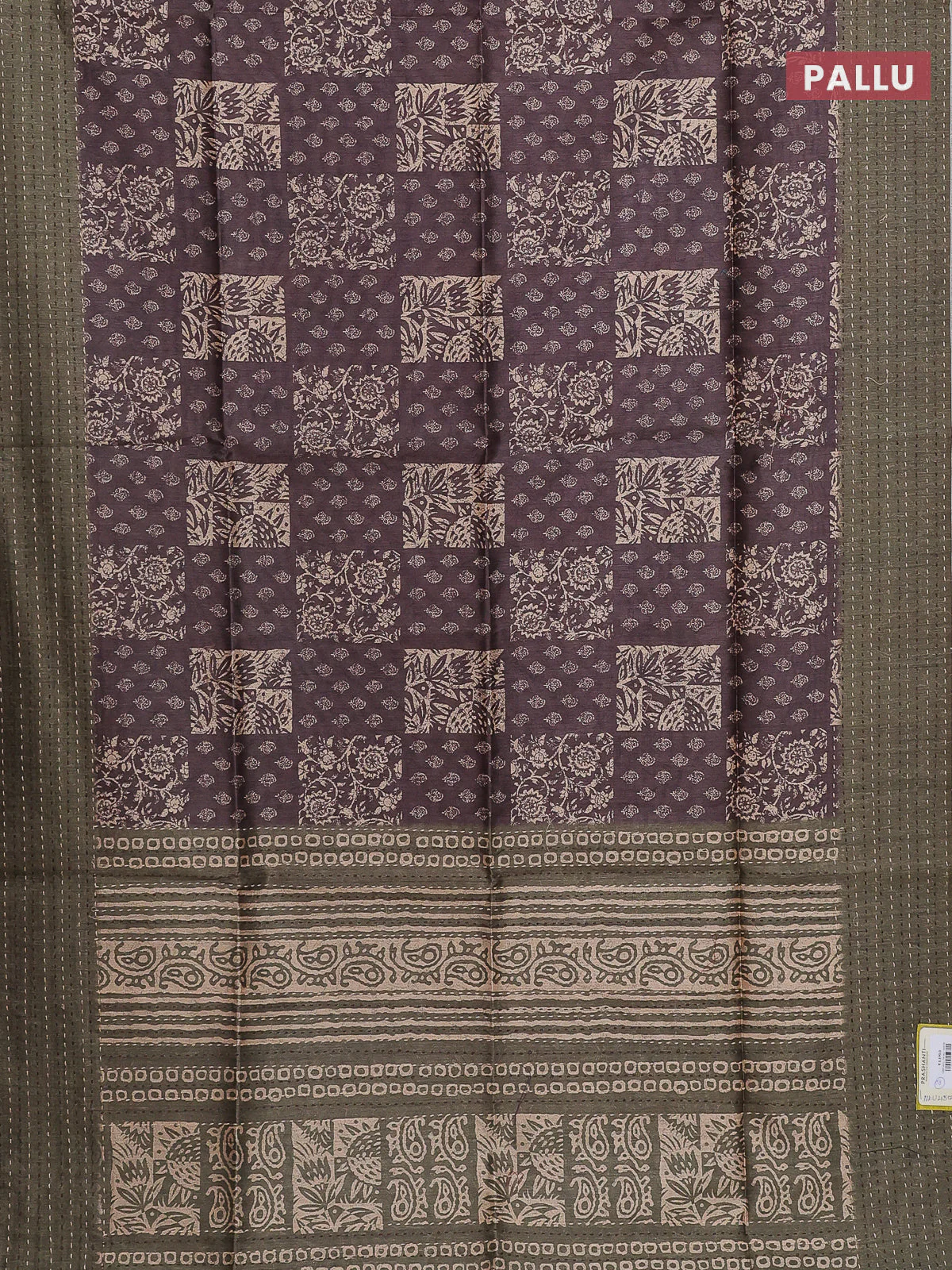 Semi tussar saree coffee brown and dark sap green with allover batik prints and katha stitch work pallu & border - Image 3
