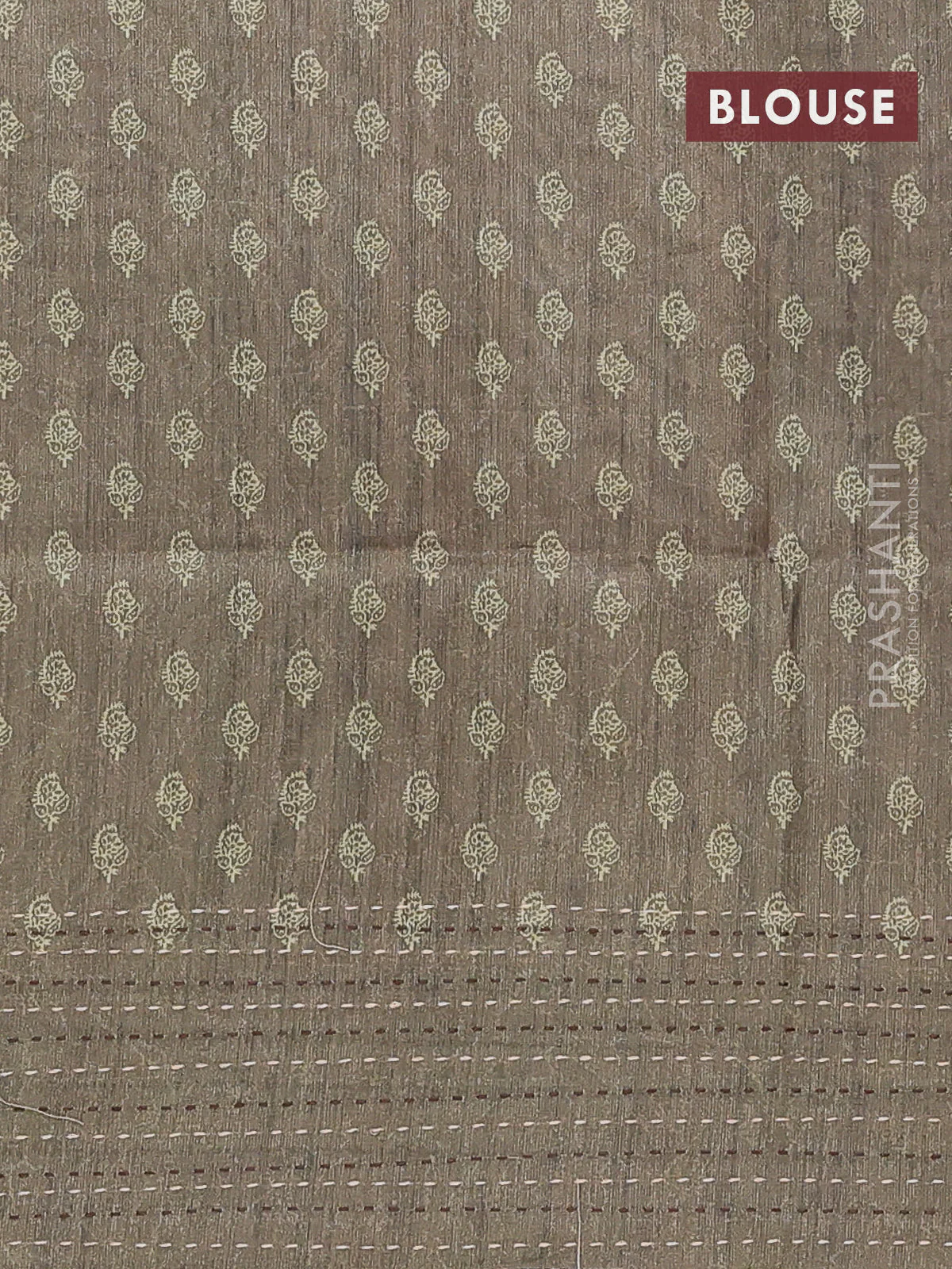 Semi tussar saree coffee brown and dark sap green with allover batik prints and katha stitch work pallu & border - Image 4