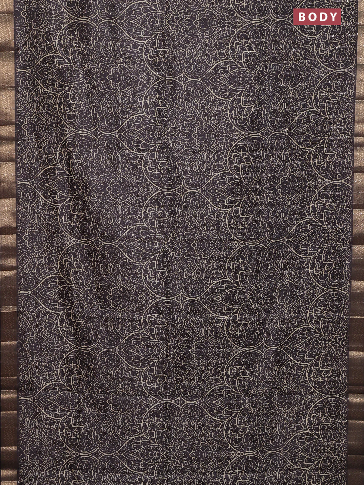 Semi tussar saree coffee brown with allover prints & sequin work and zari woven border - Image 2
