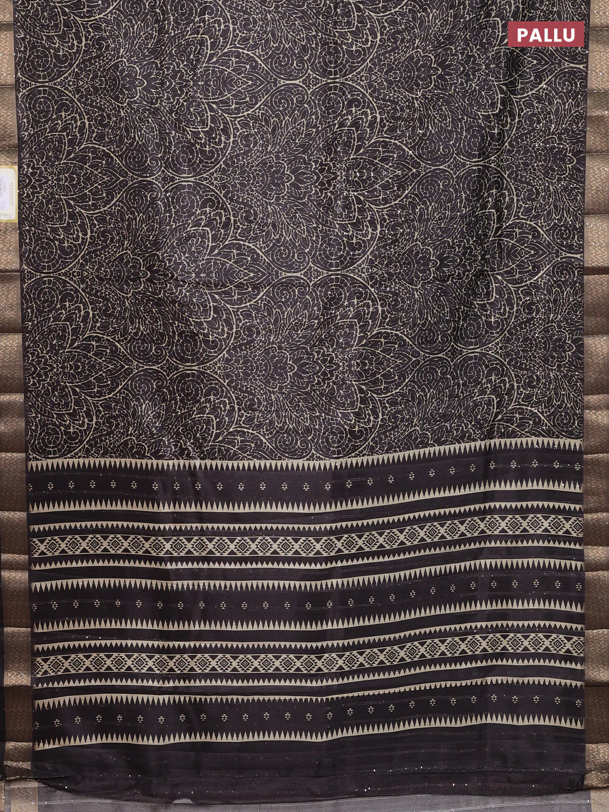 Semi tussar saree coffee brown with allover prints & sequin work and zari woven border - Image 3