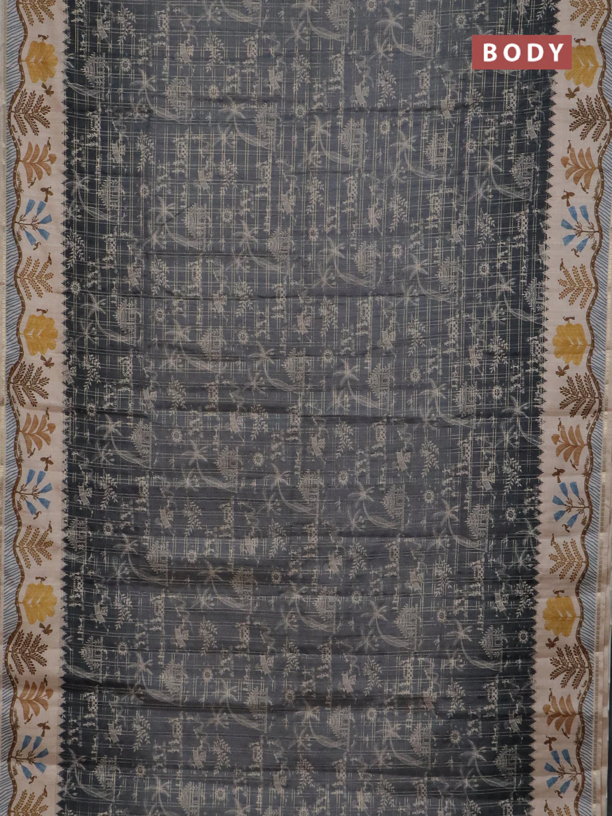 Semi tussar saree Gray and cream with allover zari checks & warli prints  and printed border - Image 2