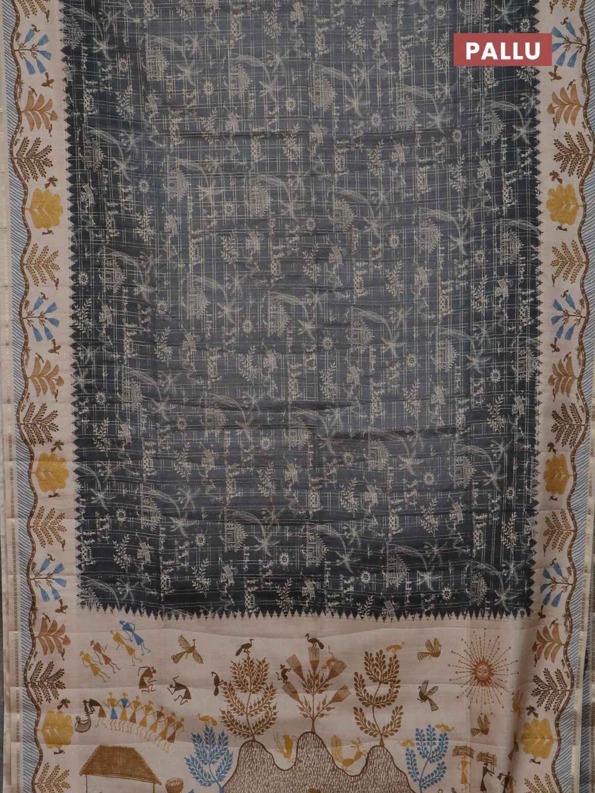Semi tussar saree Gray and cream with allover zari checks & warli prints  and printed border - Image 3