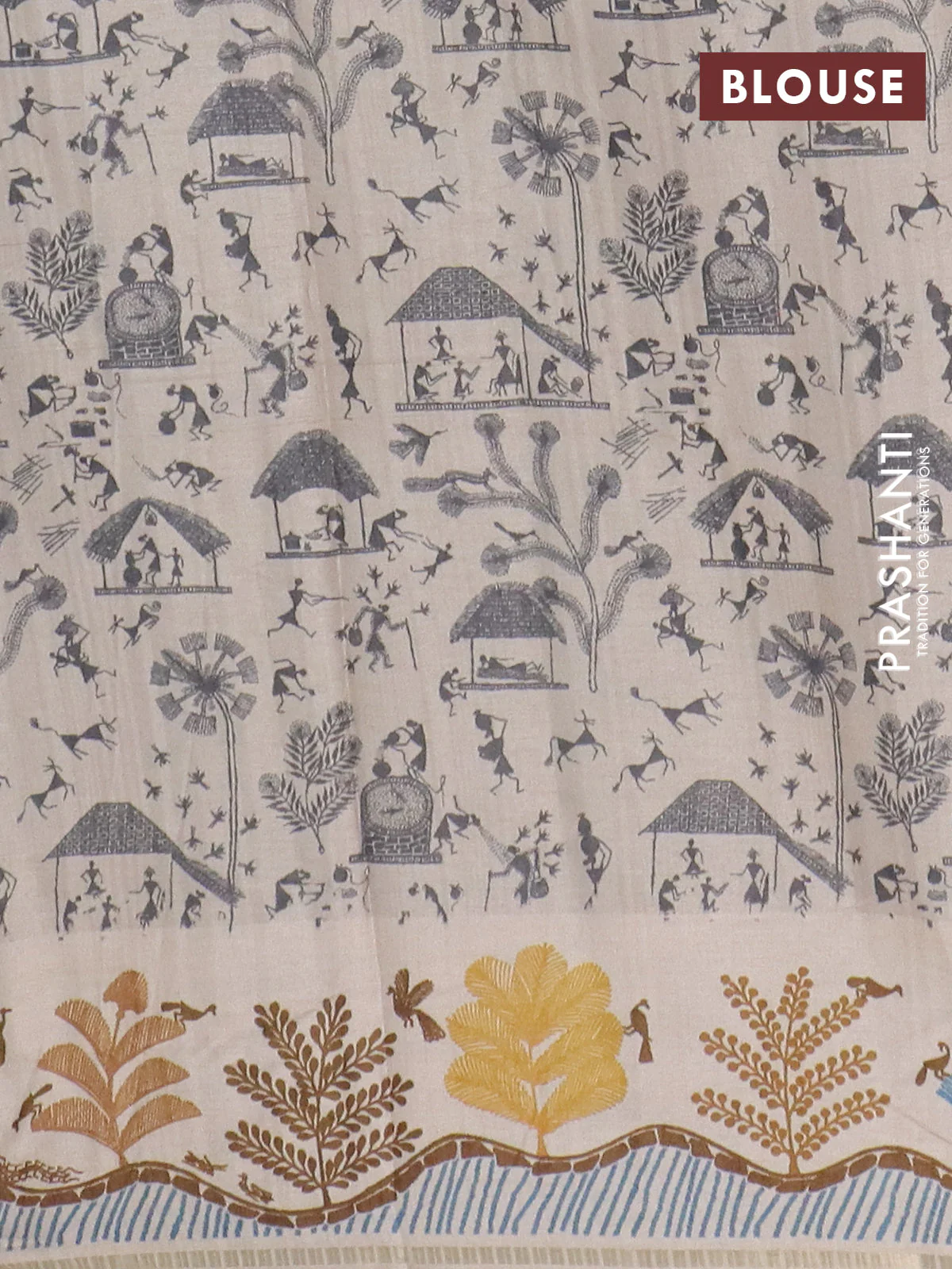 Semi tussar saree Gray and cream with allover zari checks & warli prints  and printed border - Image 4