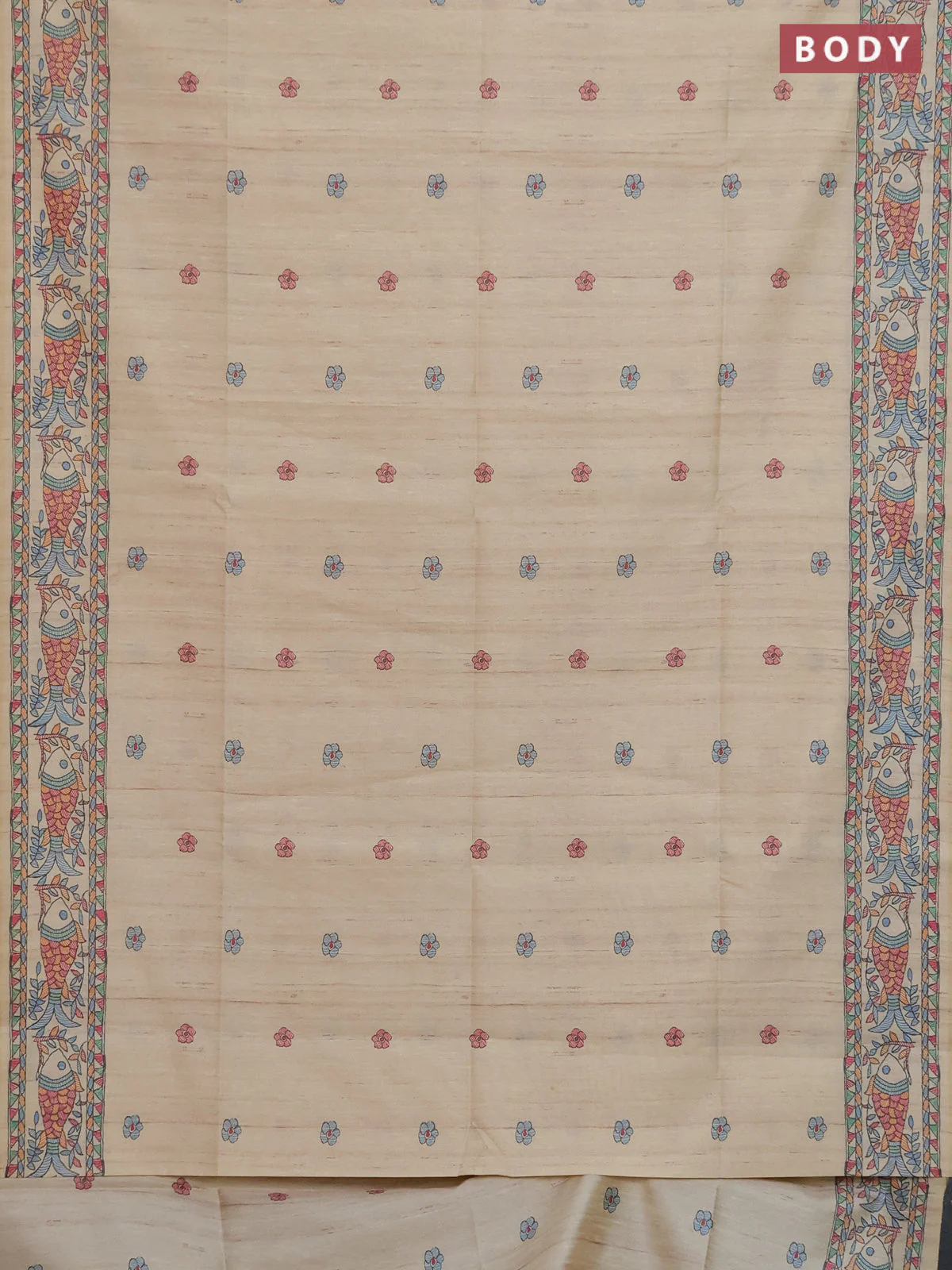 Semi tussar saree cream and beige with butta prints and madhubani printed pallu & border - Image 2