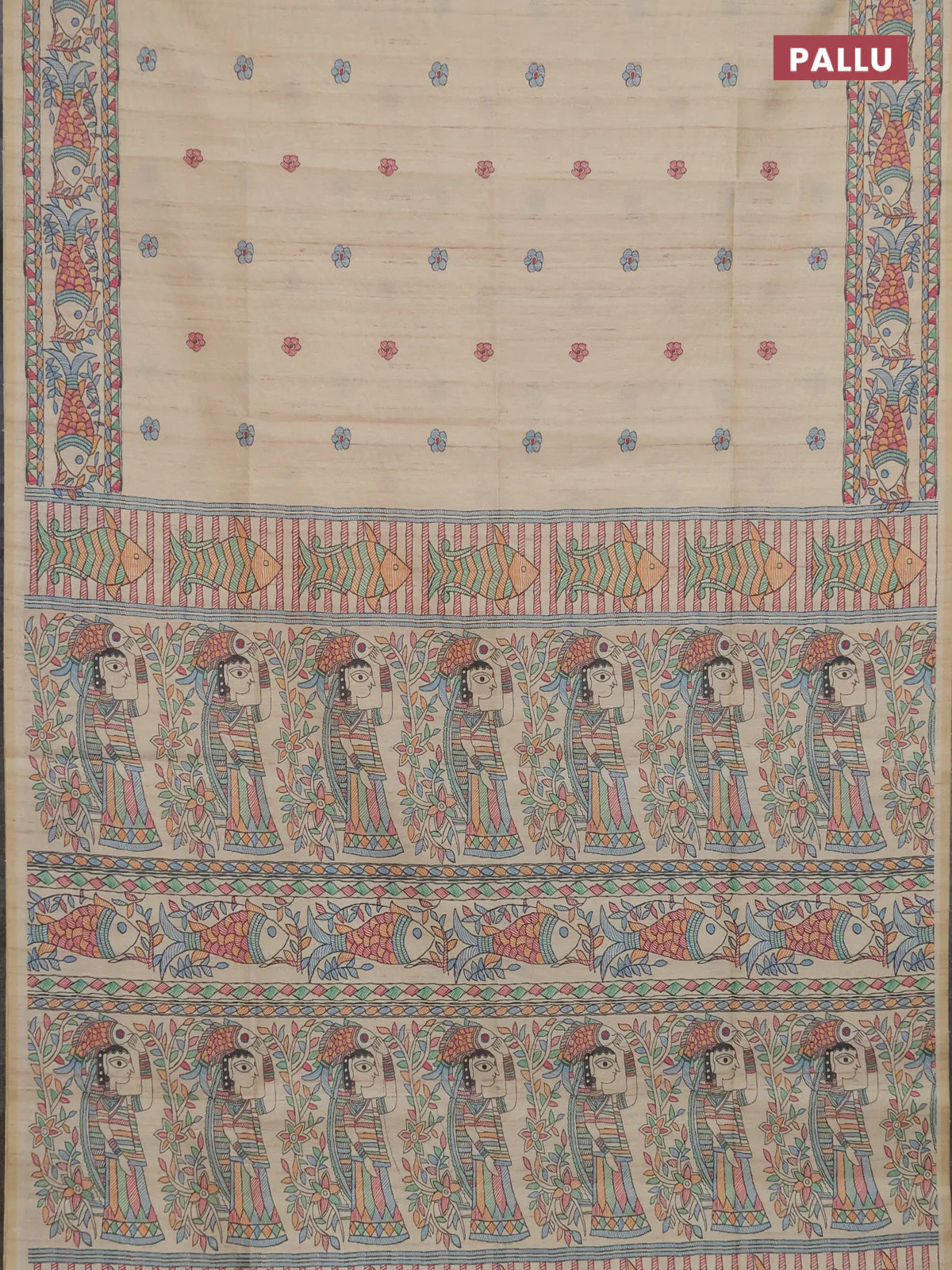 Semi tussar saree cream and beige with butta prints and madhubani printed pallu & border - Image 3