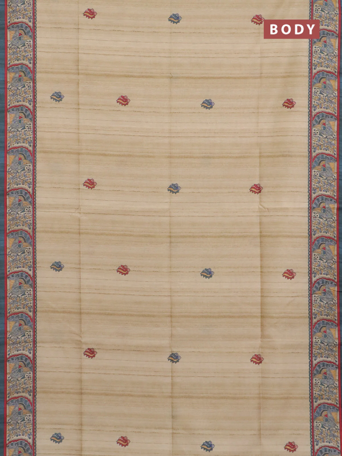 Semi tussar saree cream and bluish grey with allover butta prints and madhubani printed pallu & border - Image 2