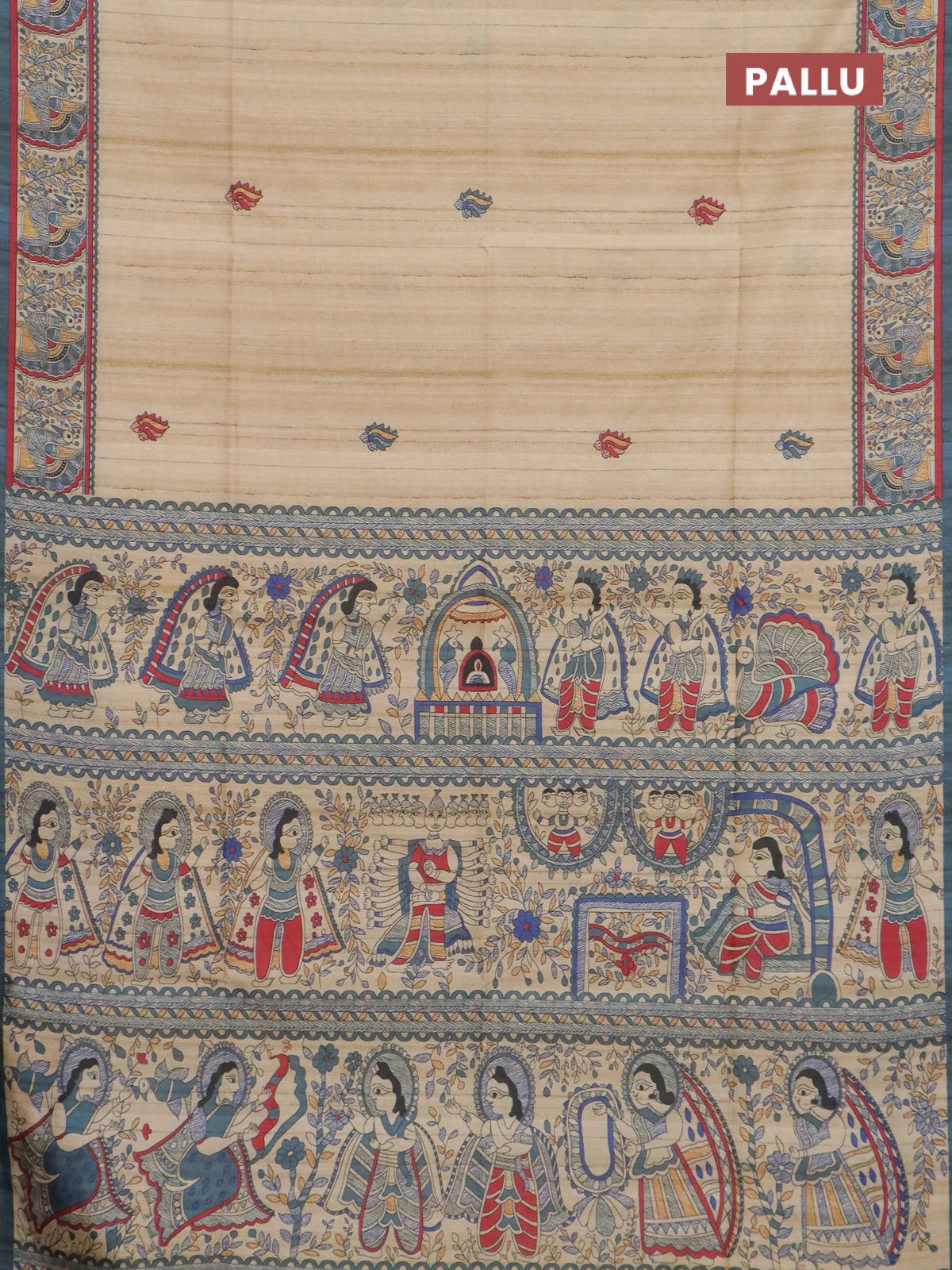 Semi tussar saree cream and bluish grey with allover butta prints and madhubani printed pallu & border - Image 3