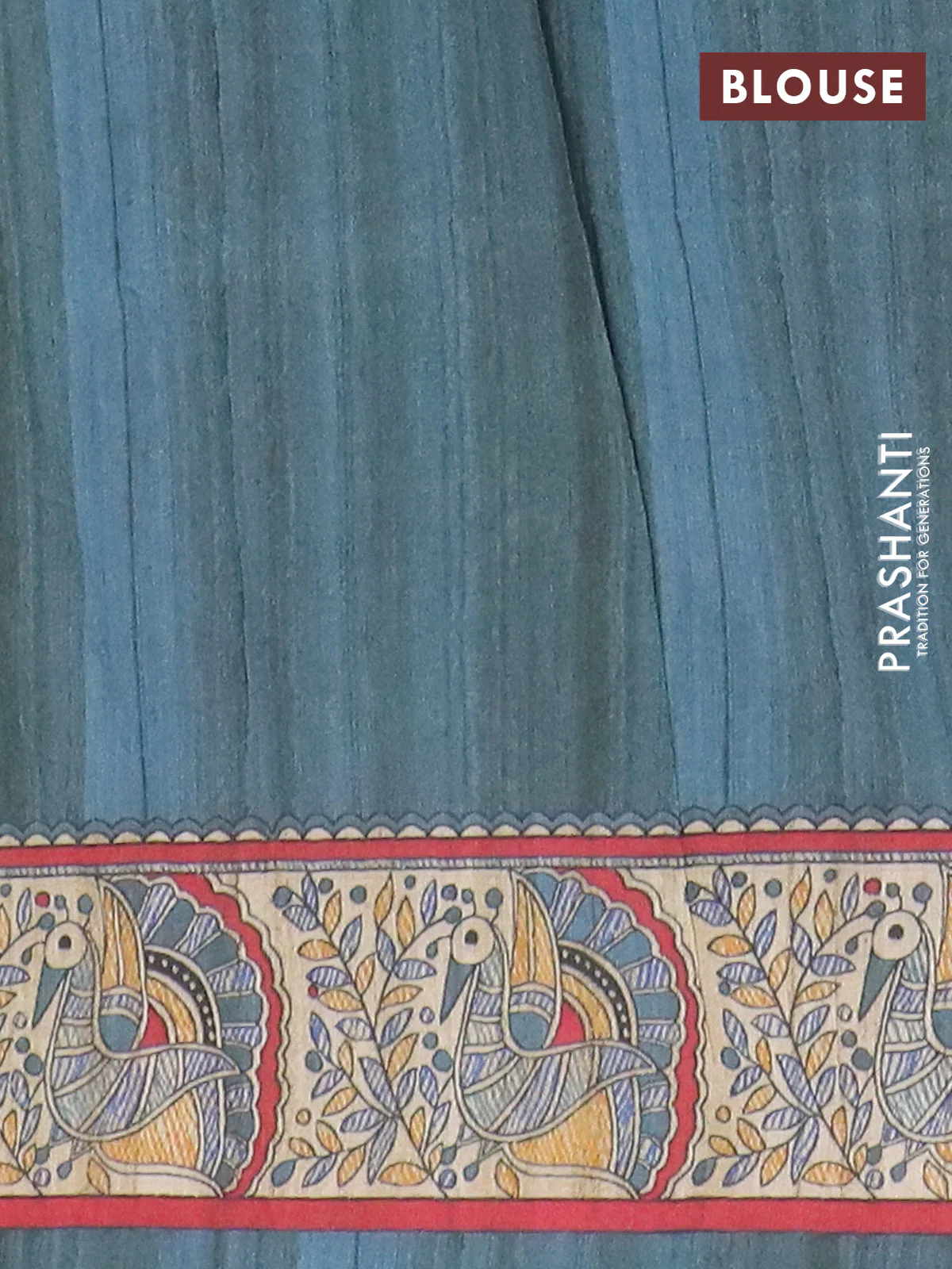 Semi tussar saree cream and bluish grey with allover butta prints and madhubani printed pallu & border - Image 4