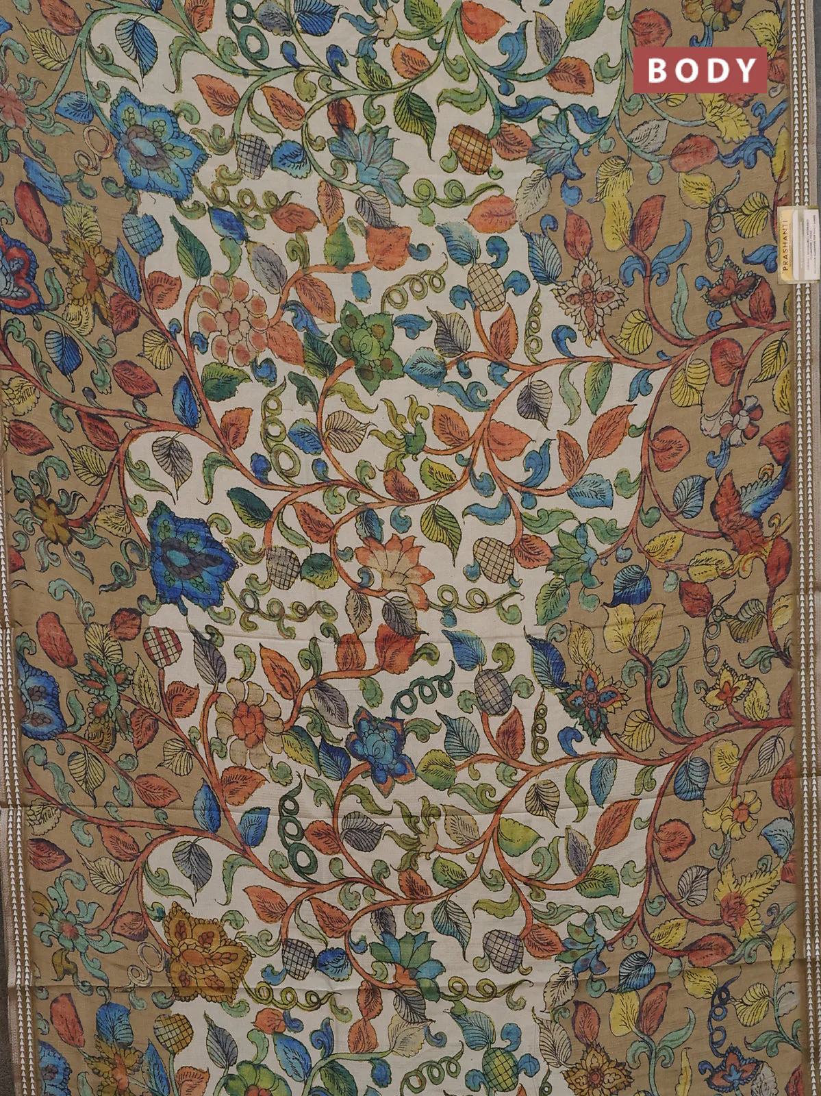 Semi tussar saree cream and mehendi green with allover kalamkari prints and printed border - Image 2