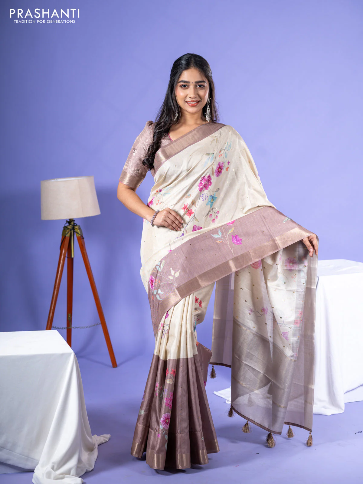 Semi tussar saree cream and sandal with allover zari buttas & floral digital prints and zari woven border - Image 2